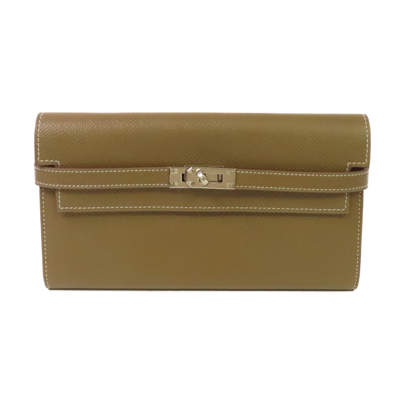 HERMES Epsom皮革Kelly Long Wallet銀扣長錢包Etoupe大象灰色