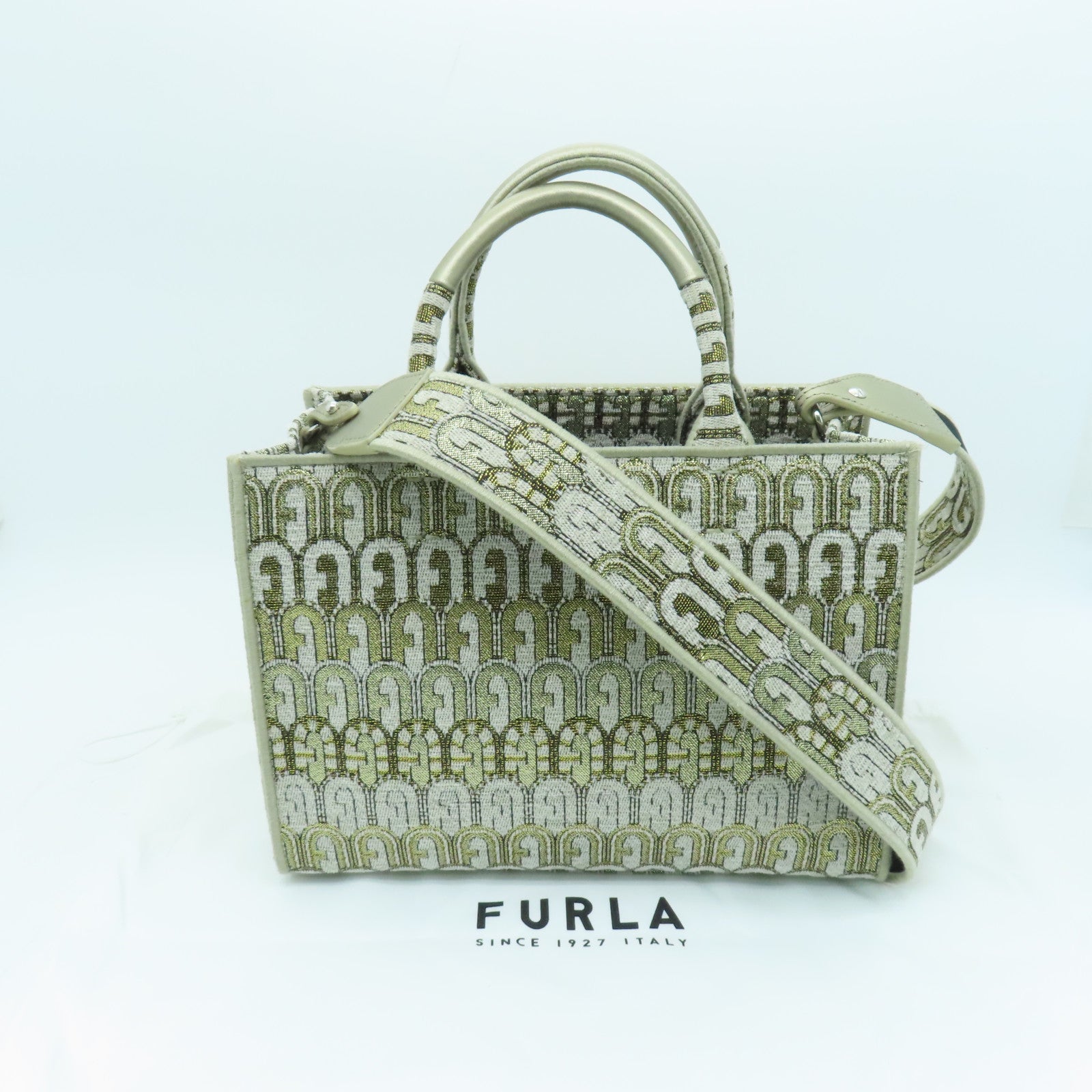 Furla Canvas 2Way Shoulder Bag Silver Buckle Dual-use Shoulder Bag Gold Gray