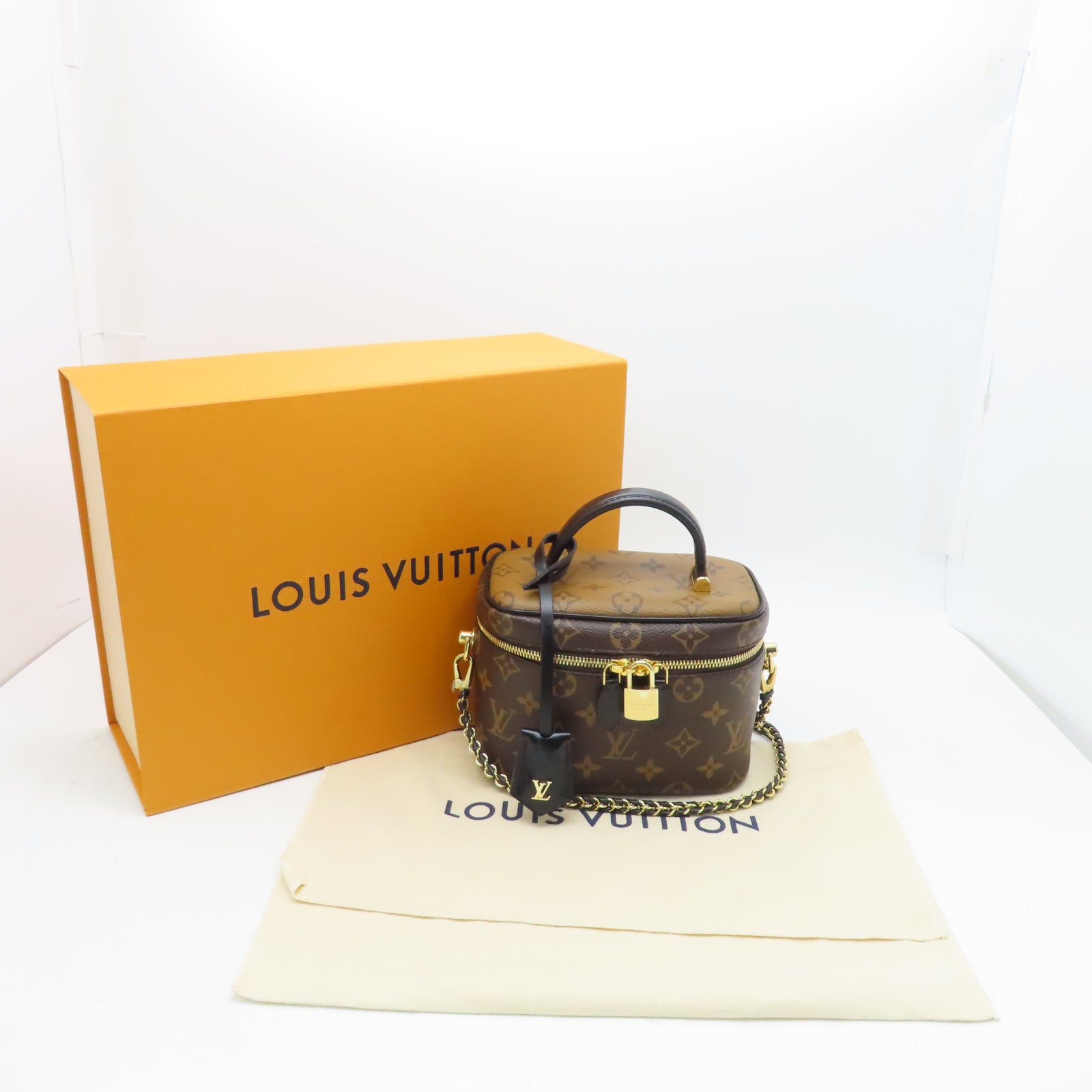 LOUIS VUITTON Monogram Vanity PM Gold Buckle Shoulder Bag Brown