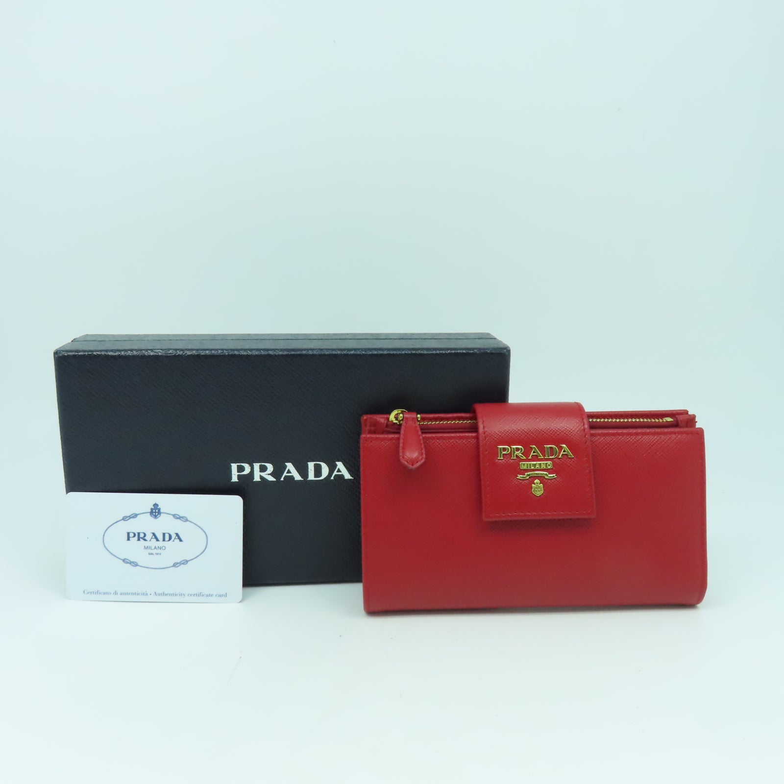 PRADA 【激減優惠】牛皮皮革Wallet金扣錢包紅色