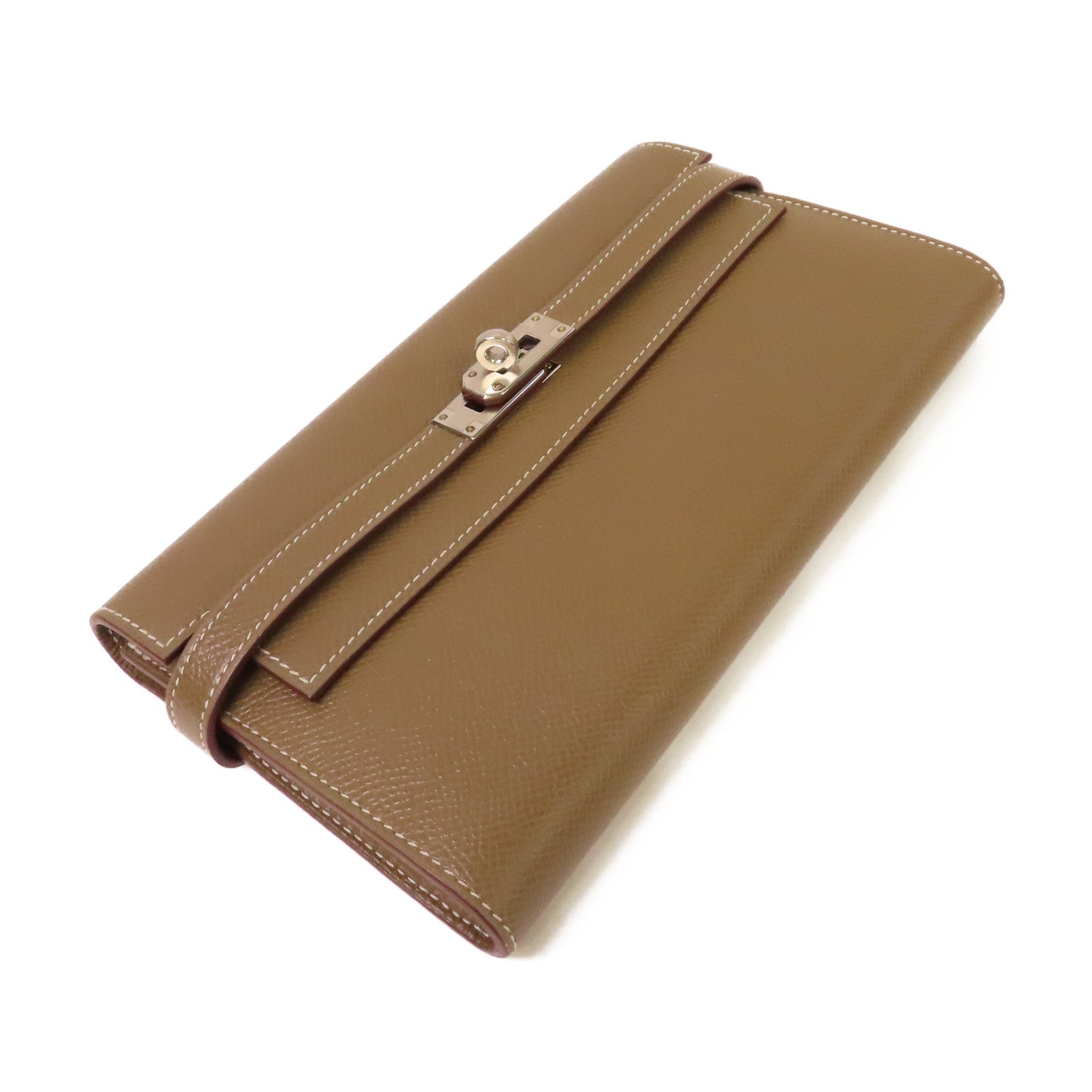 HERMES Epsom皮革Kelly Long Wallet銀扣長錢包Etoupe大象灰色
