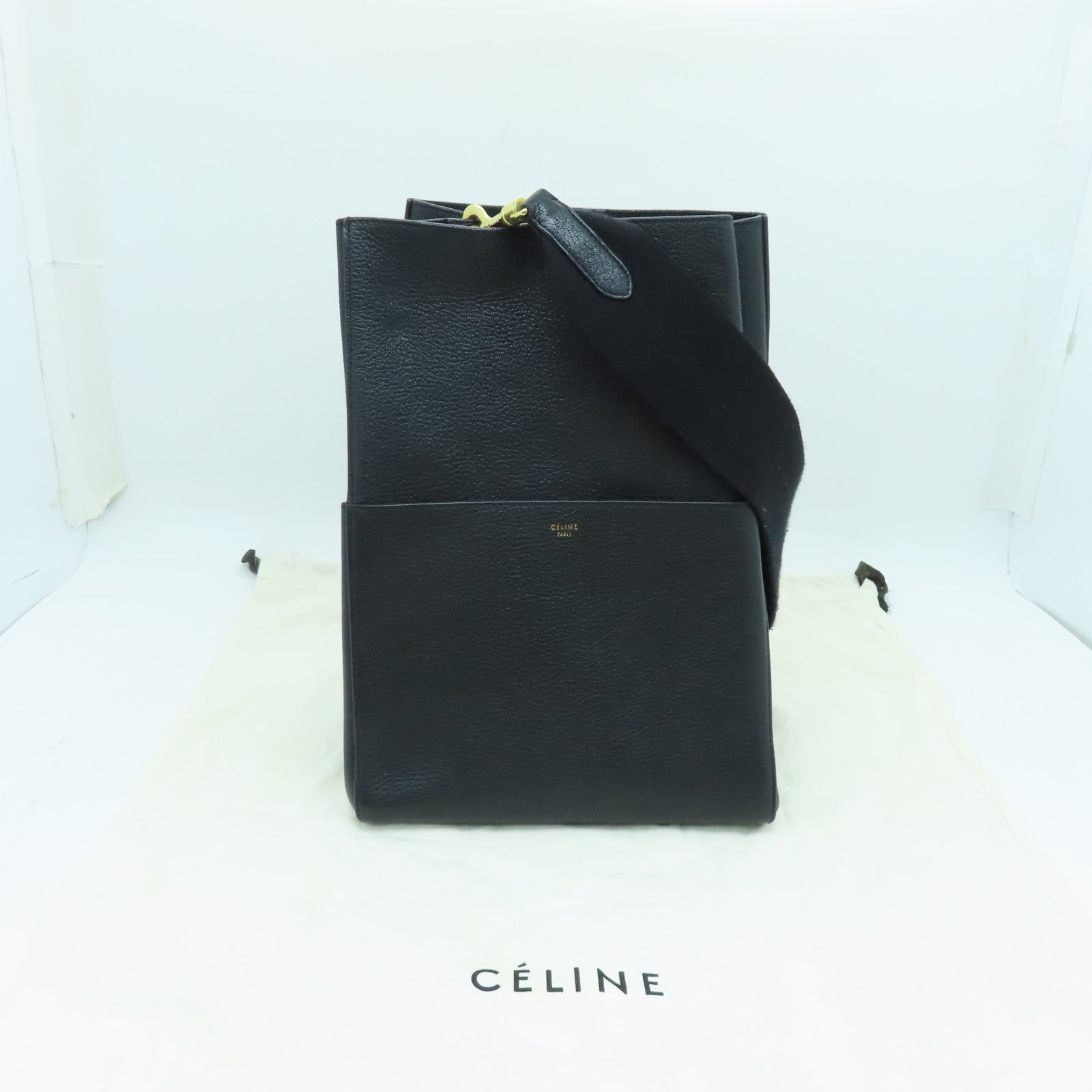 CELINE Cowhide Leather Sangle Bucket Gold Buckle Shoulder Bag Black
