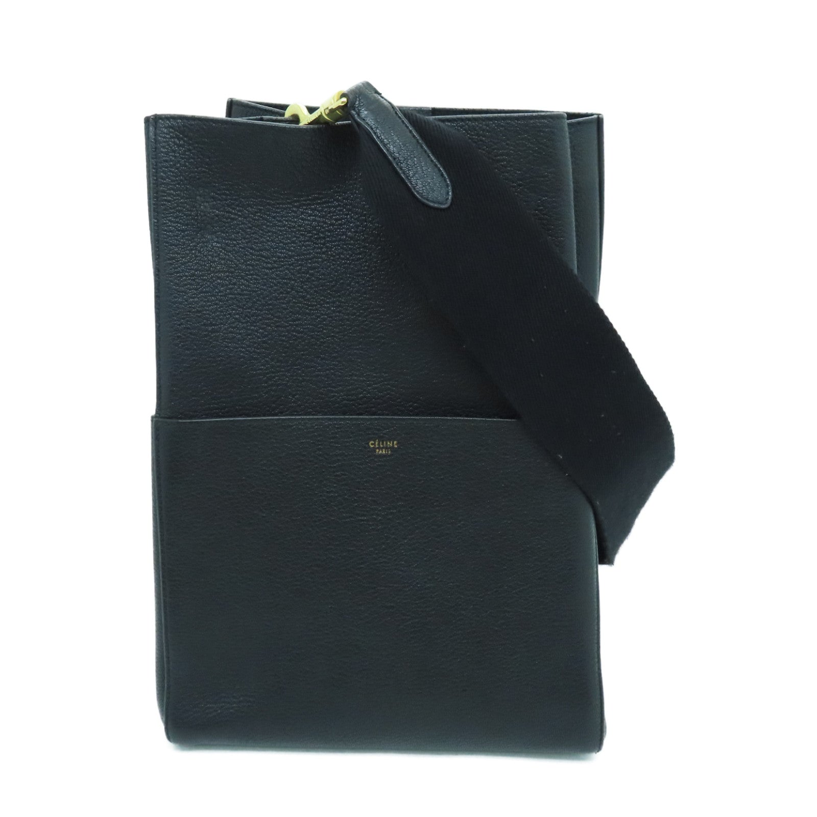 CELINE Cowhide Leather Sangle Bucket Gold Buckle Shoulder Bag Black