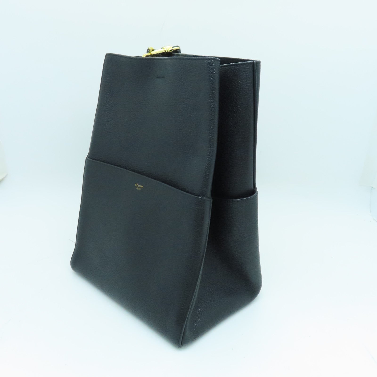 CELINE Cowhide Leather Sangle Bucket Gold Buckle Shoulder Bag Black