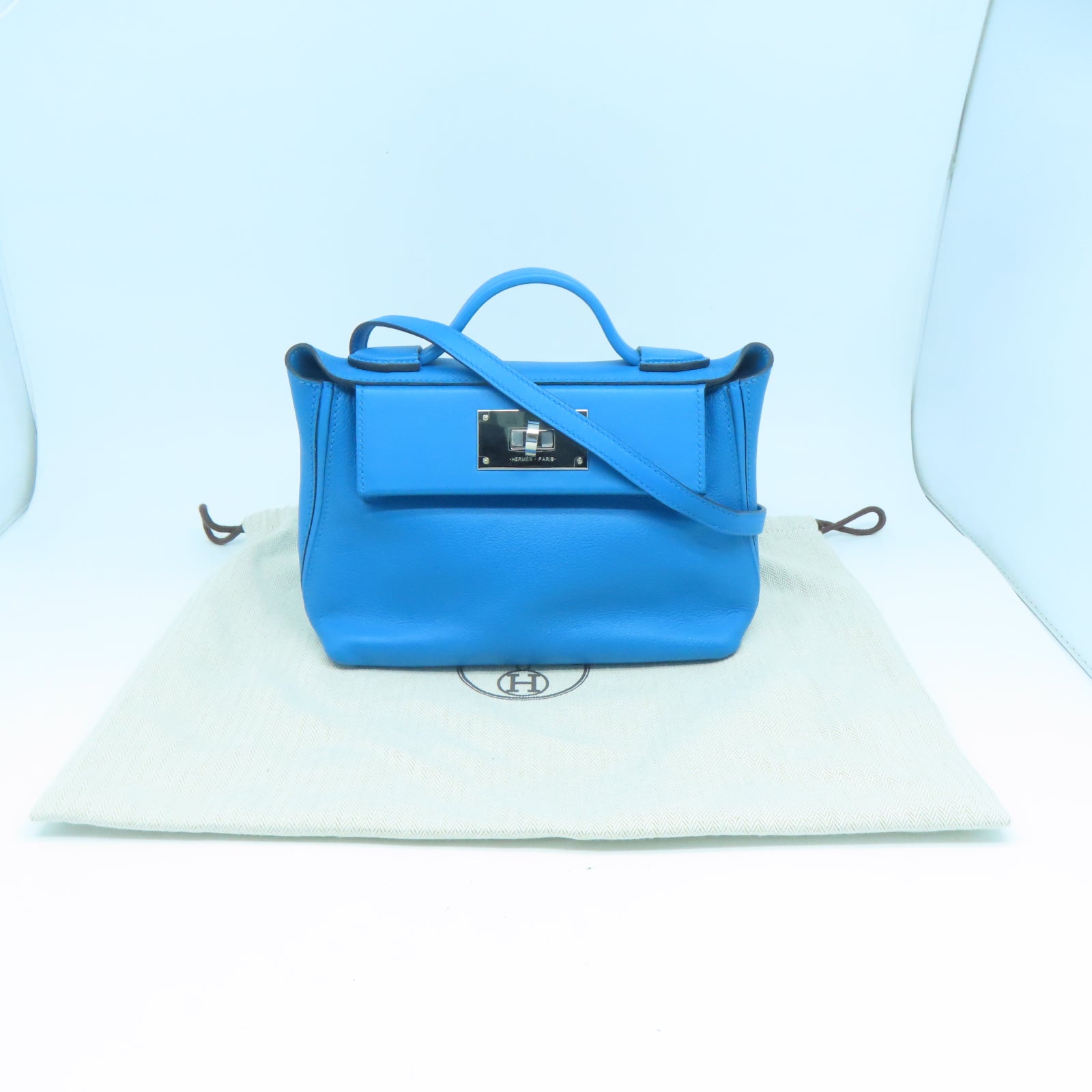 HERMES Evercolor皮革Mini 24/24銀扣手挽肩背兩用袋弗里達藍色
