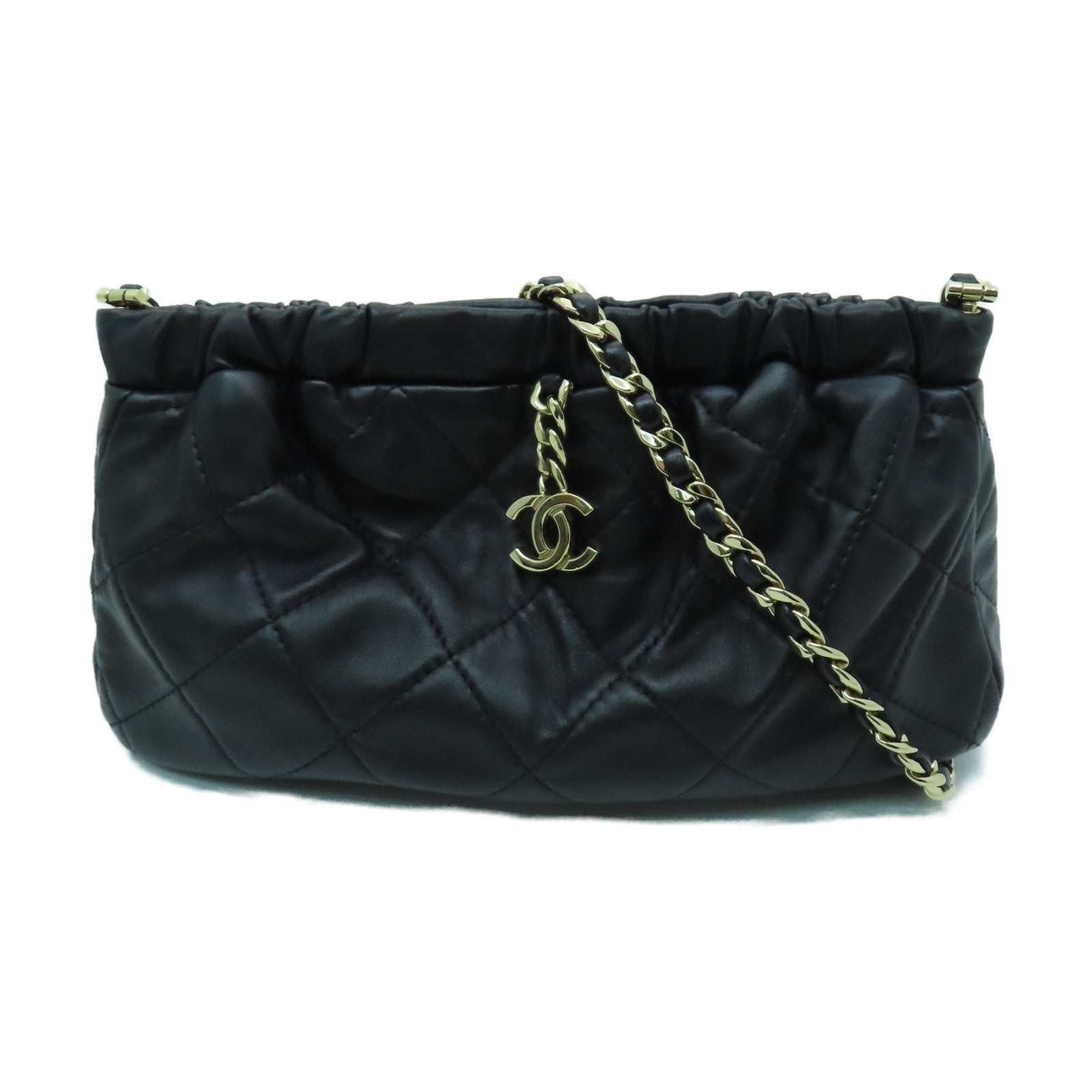 CHANEL 羊皮皮革Chain Shoulder金扣鏈帶肩背袋黑色