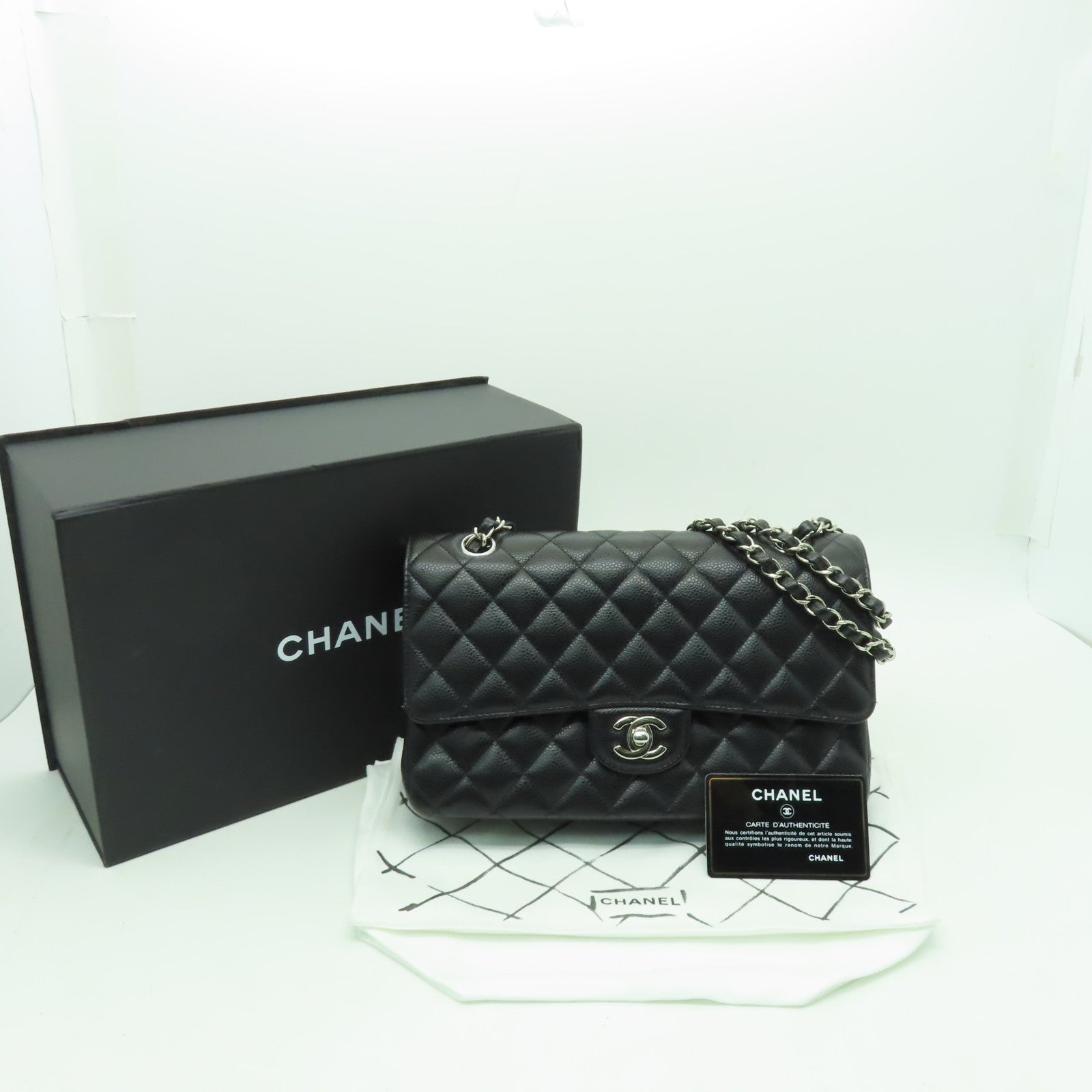 CHANEL 【激減優惠】菱格Caviar皮革Classic Flap 25銀扣鏈帶肩背袋黒色