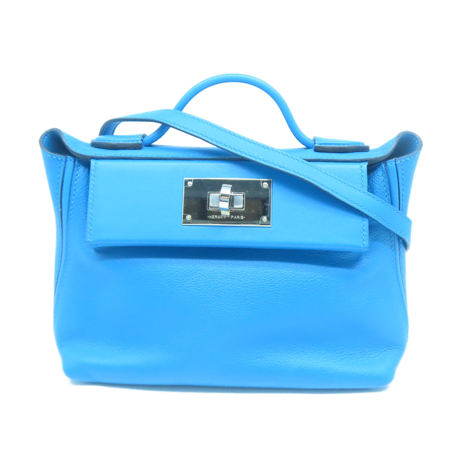 HERMES Evercolor皮革Mini 24/24銀扣手挽肩背兩用袋弗里達藍色