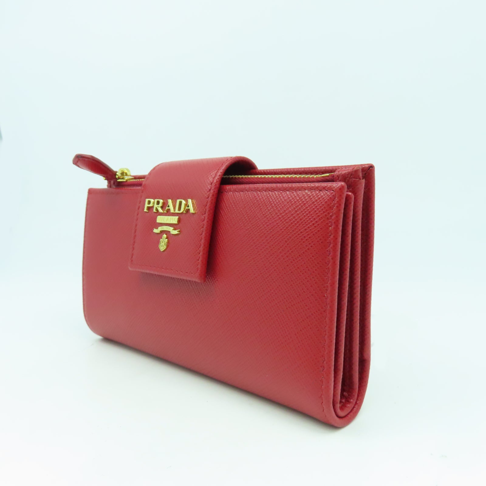 PRADA 【激減優惠】牛皮皮革Wallet金扣錢包紅色
