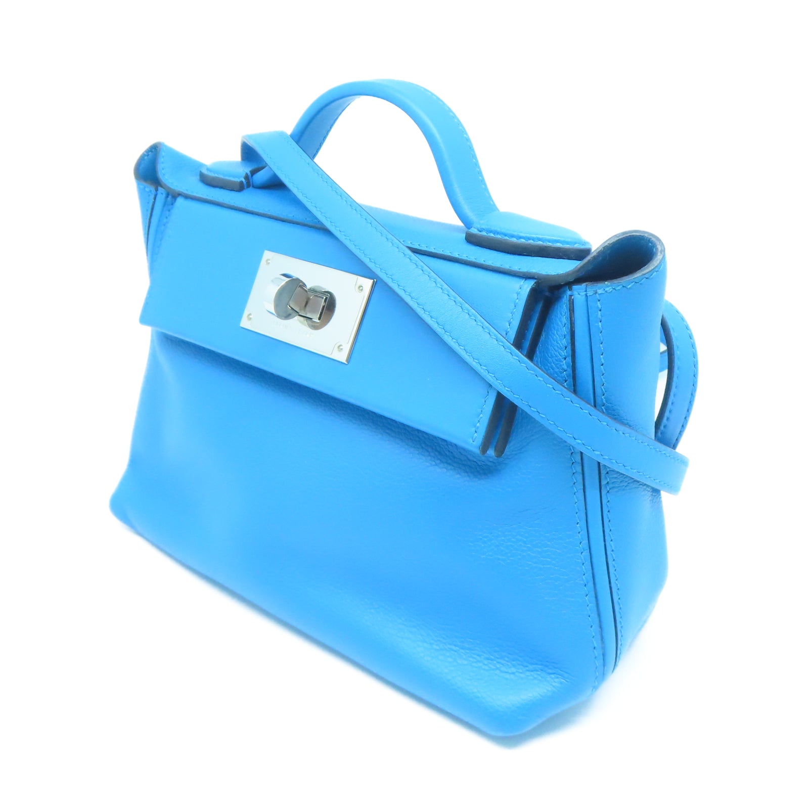 HERMES Evercolor皮革Mini 24/24銀扣手挽肩背兩用袋弗里達藍色