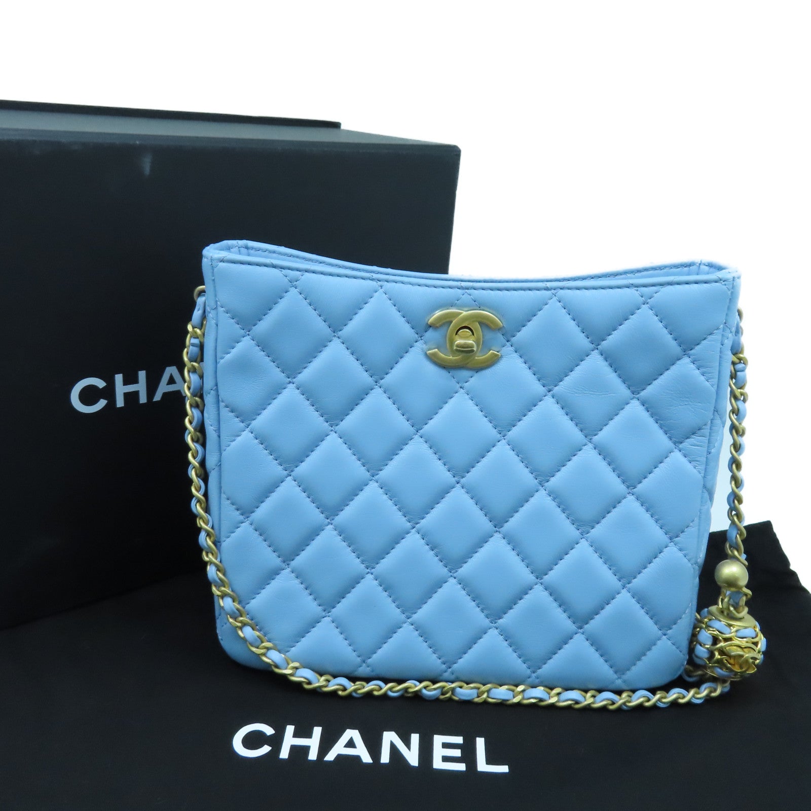 CHANEL 菱格羊皮皮革Chain Shoulder Bag金扣链带肩背袋浅蓝色