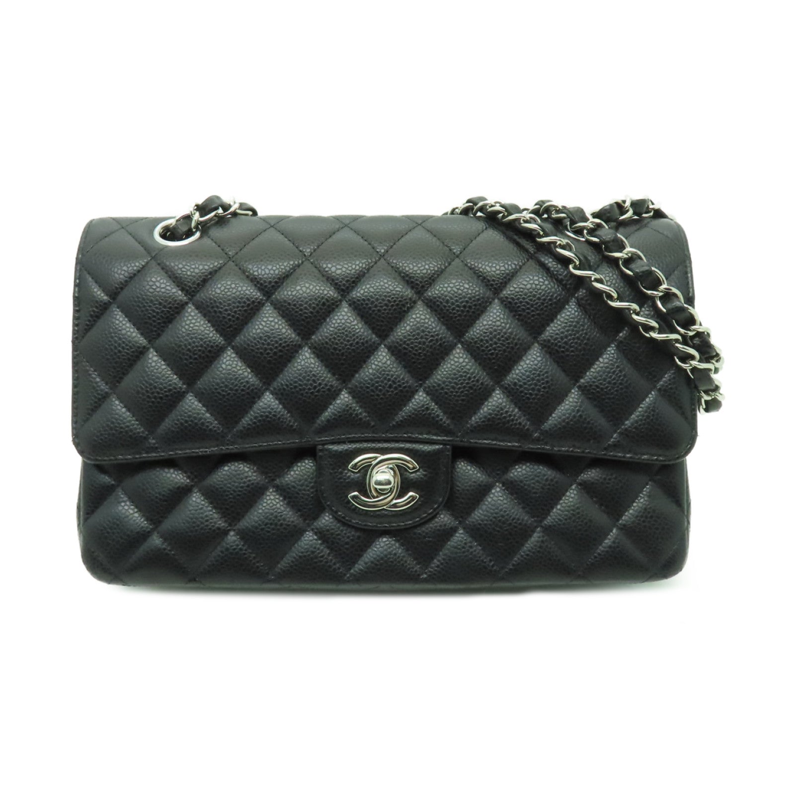 CHANEL 【激減優惠】菱格Caviar皮革Classic Flap 25銀扣鏈帶肩背袋黒色