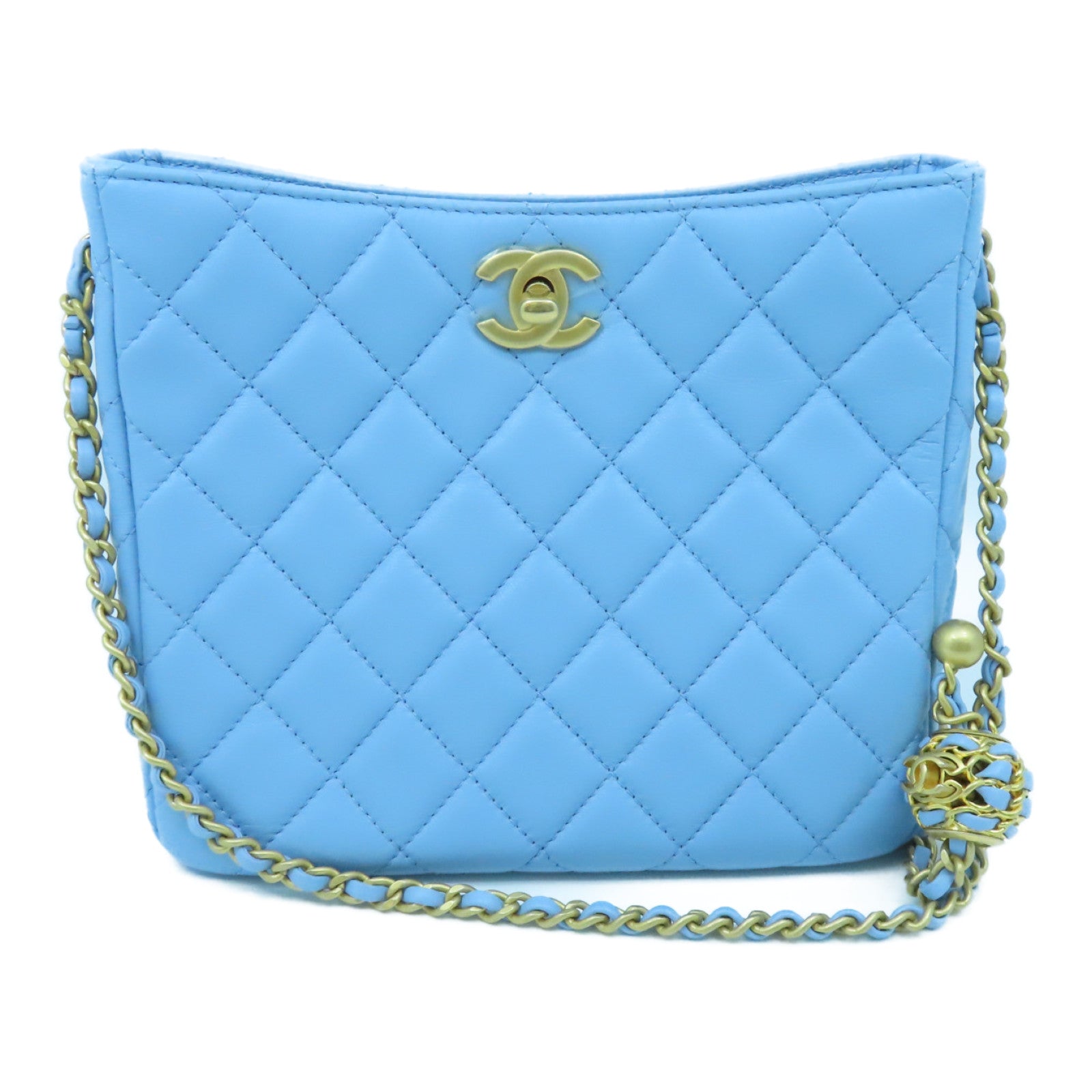 CHANEL 菱格羊皮皮革Chain Shoulder Bag金扣链带肩背袋浅蓝色