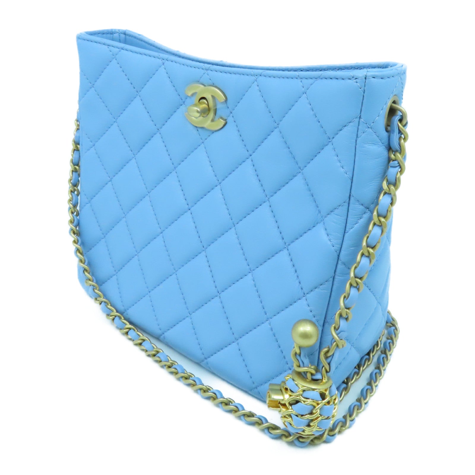 CHANEL 菱格羊皮皮革Chain Shoulder Bag金扣链带肩背袋浅蓝色