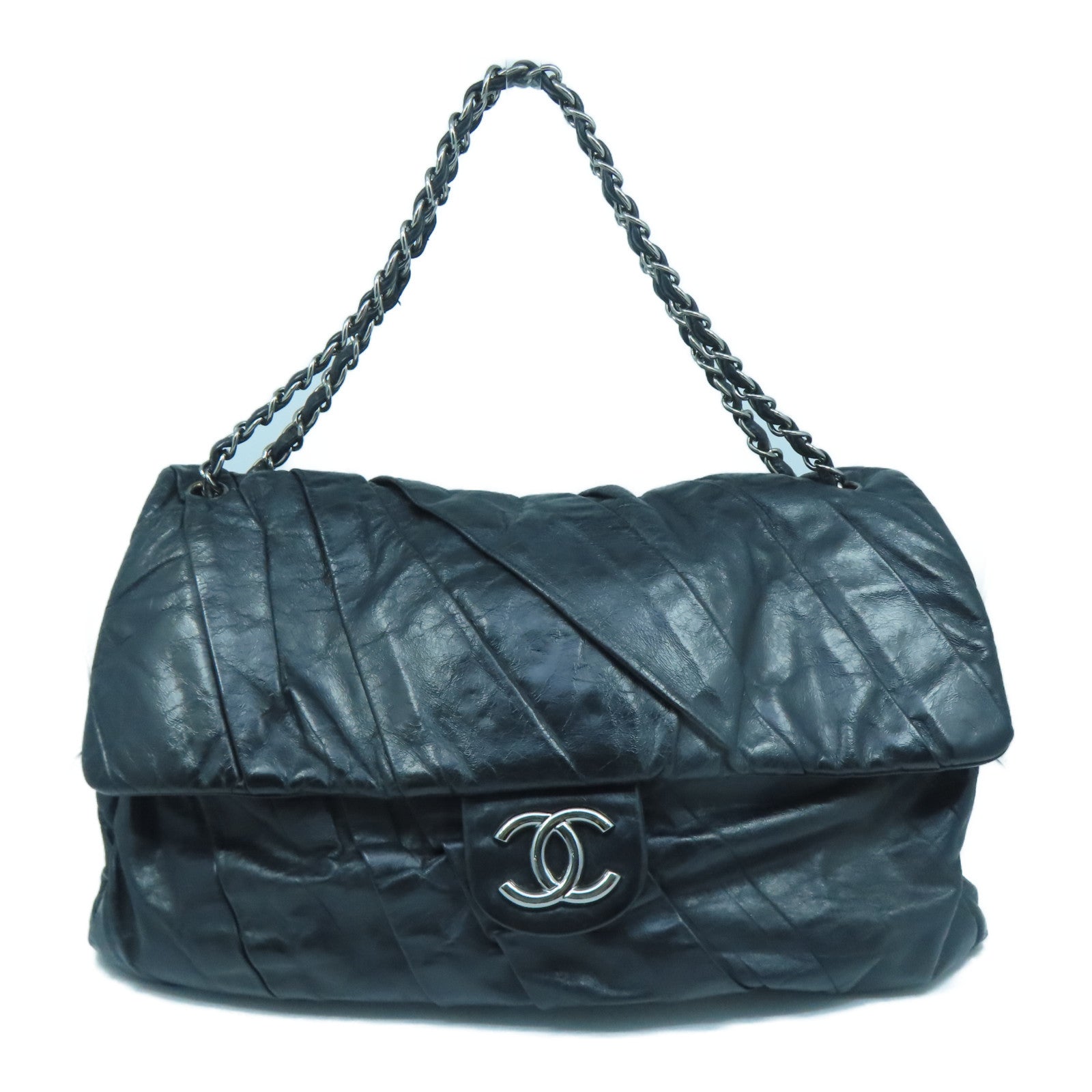 CHANEL 牛皮皮革Chain Shoulder Bag銀扣鏈帶肩背袋黑色