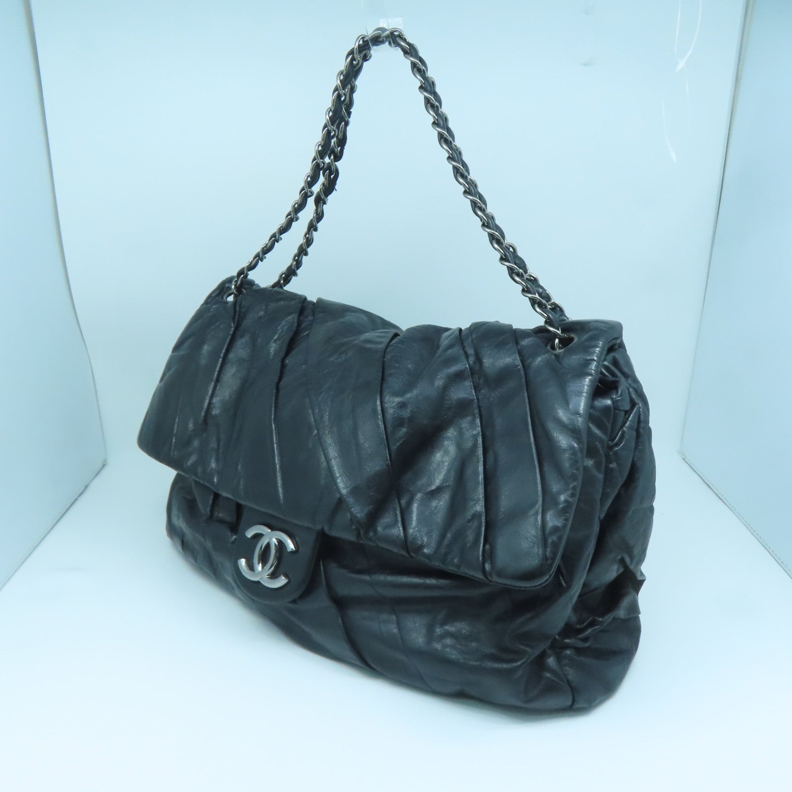 CHANEL 牛皮皮革Chain Shoulder Bag銀扣鏈帶肩背袋黑色