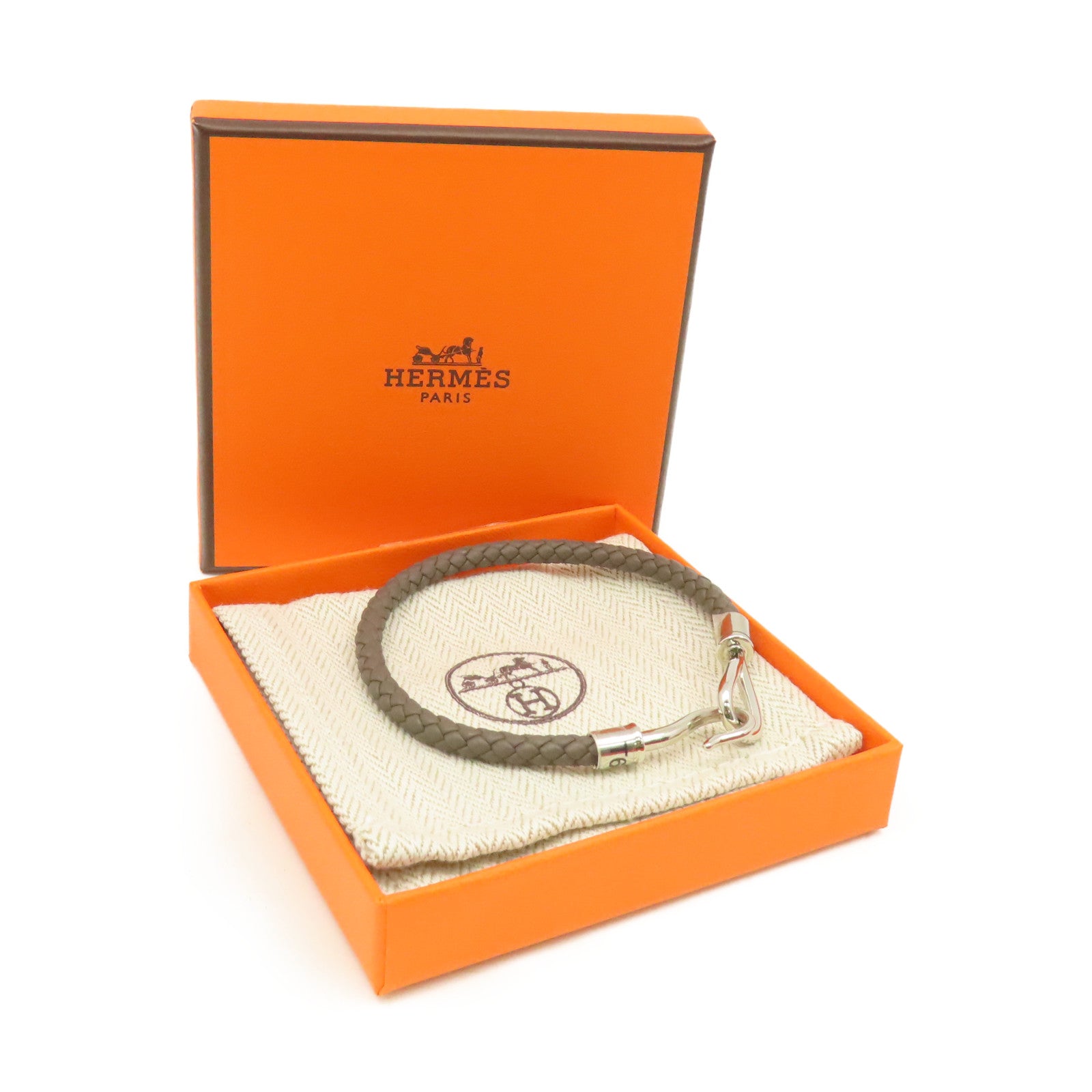 HERMES 牛皮皮革Jumbo H Bracelet銀扣手鏈Etain錫灰色