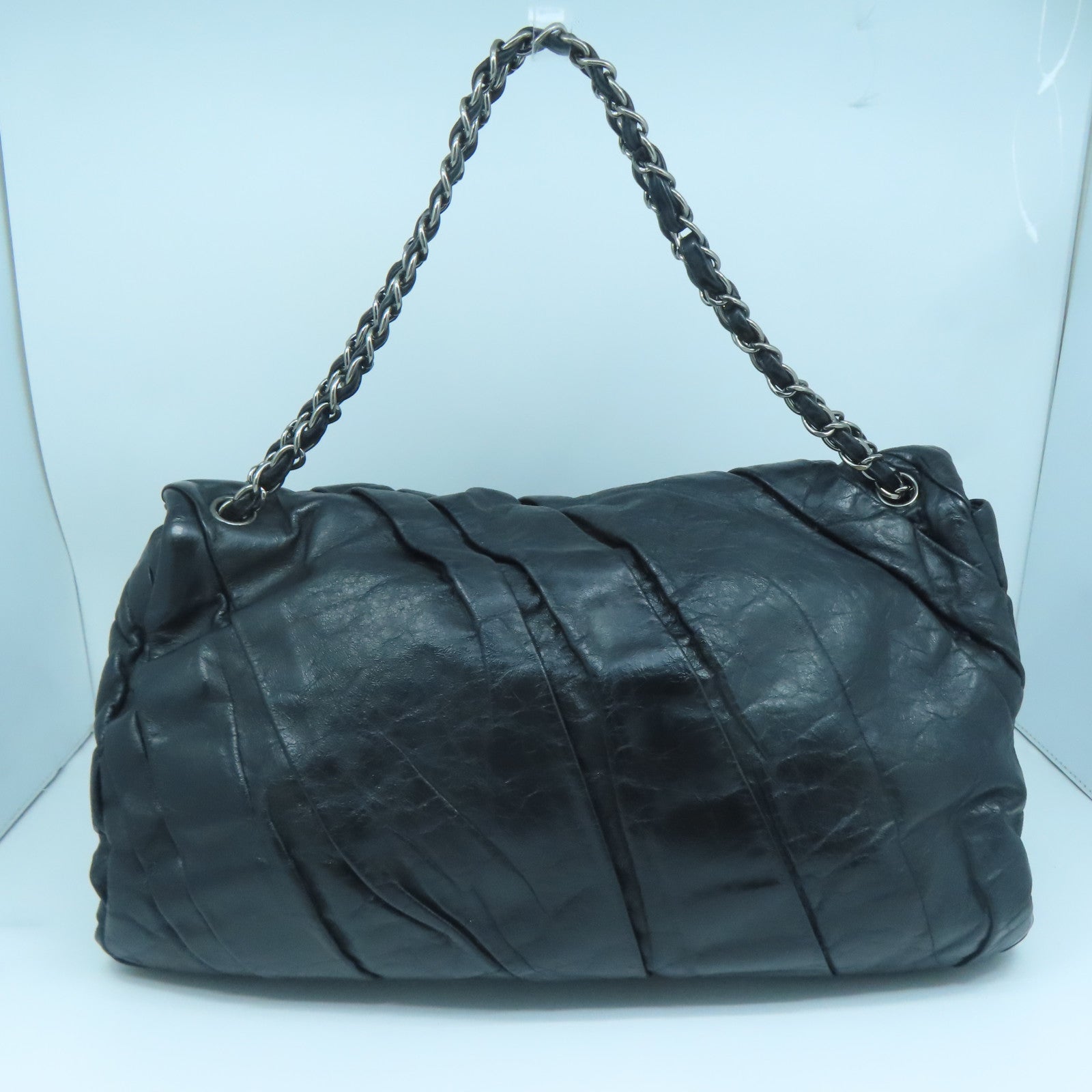 CHANEL 牛皮皮革Chain Shoulder Bag銀扣鏈帶肩背袋黑色