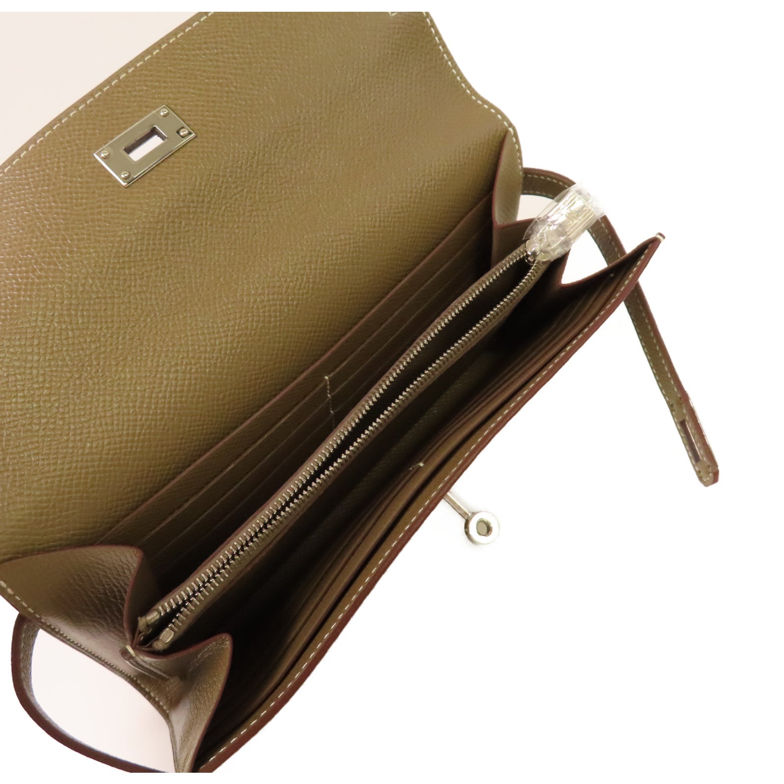 HERMES Epsom皮革Kelly Long Wallet銀扣長錢包Etoupe大象灰色