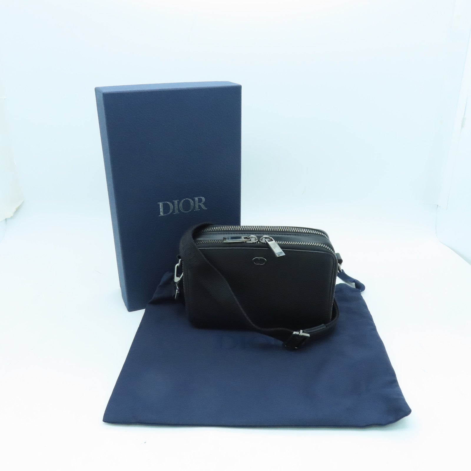 Dior Leather Pouch With Strap Silver Buckle Shoulder Bag Black