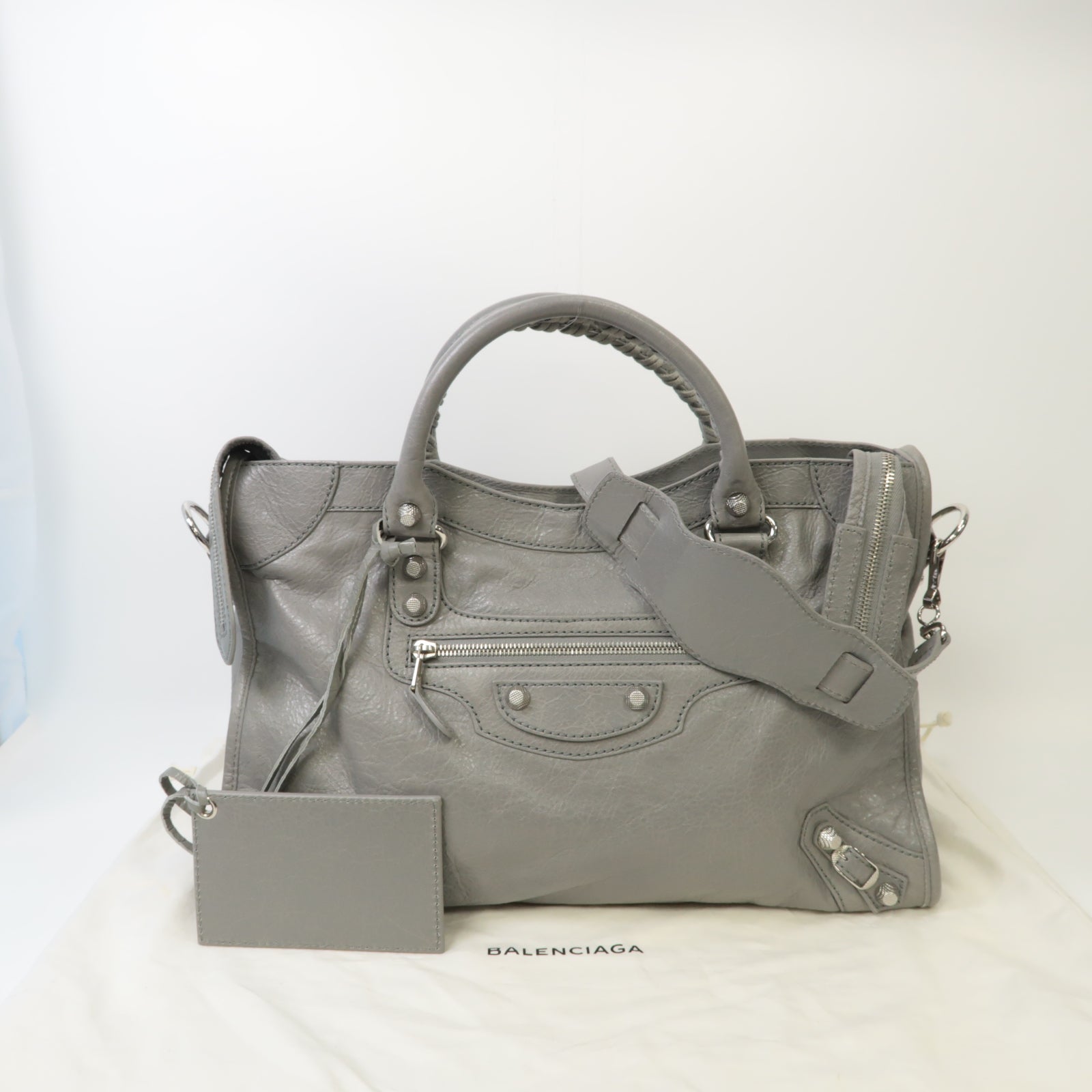 BALENCIAGA 牛皮皮革Giant City Bag銀扣手挽肩背兩用袋灰色