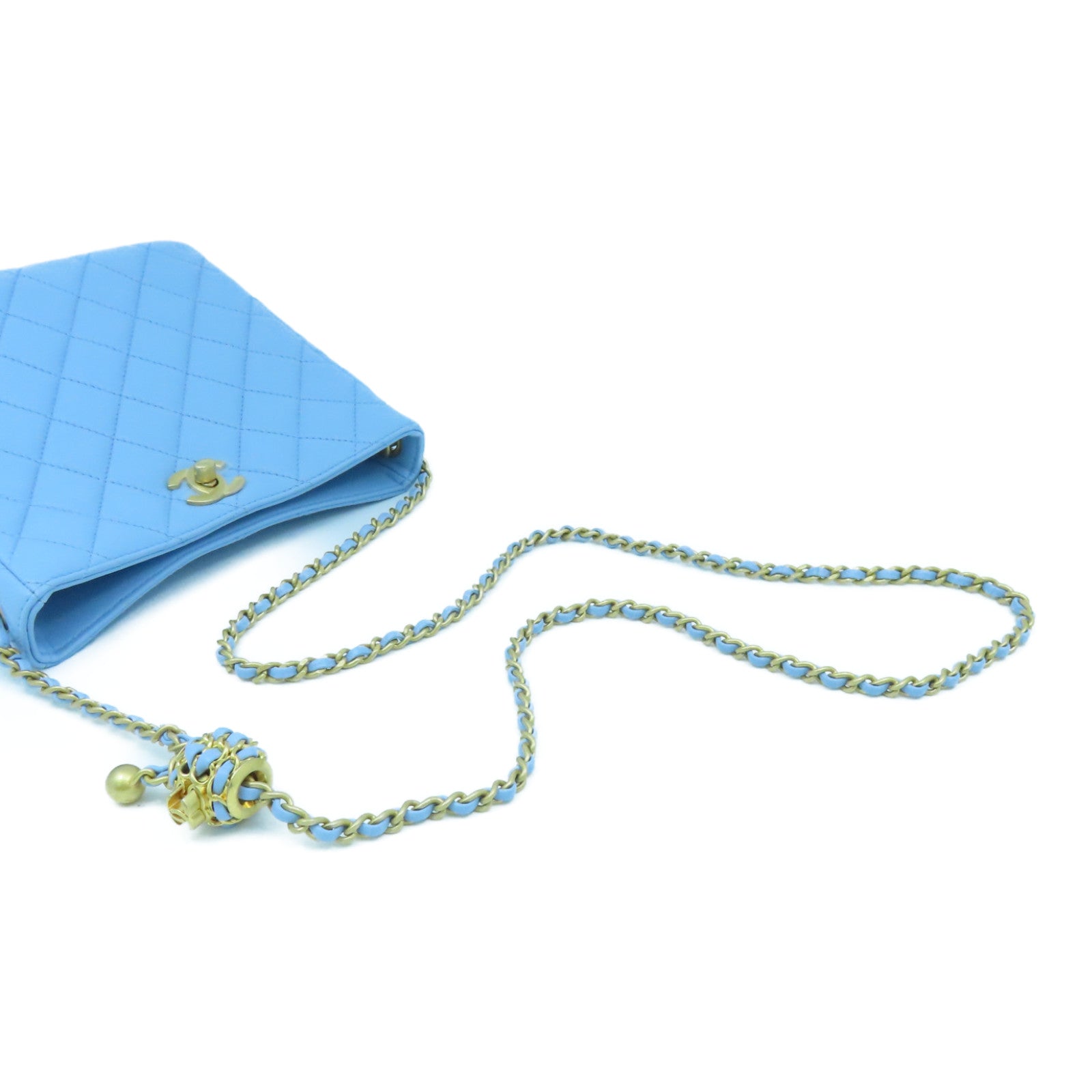 CHANEL 菱格羊皮皮革Chain Shoulder Bag金扣链带肩背袋浅蓝色