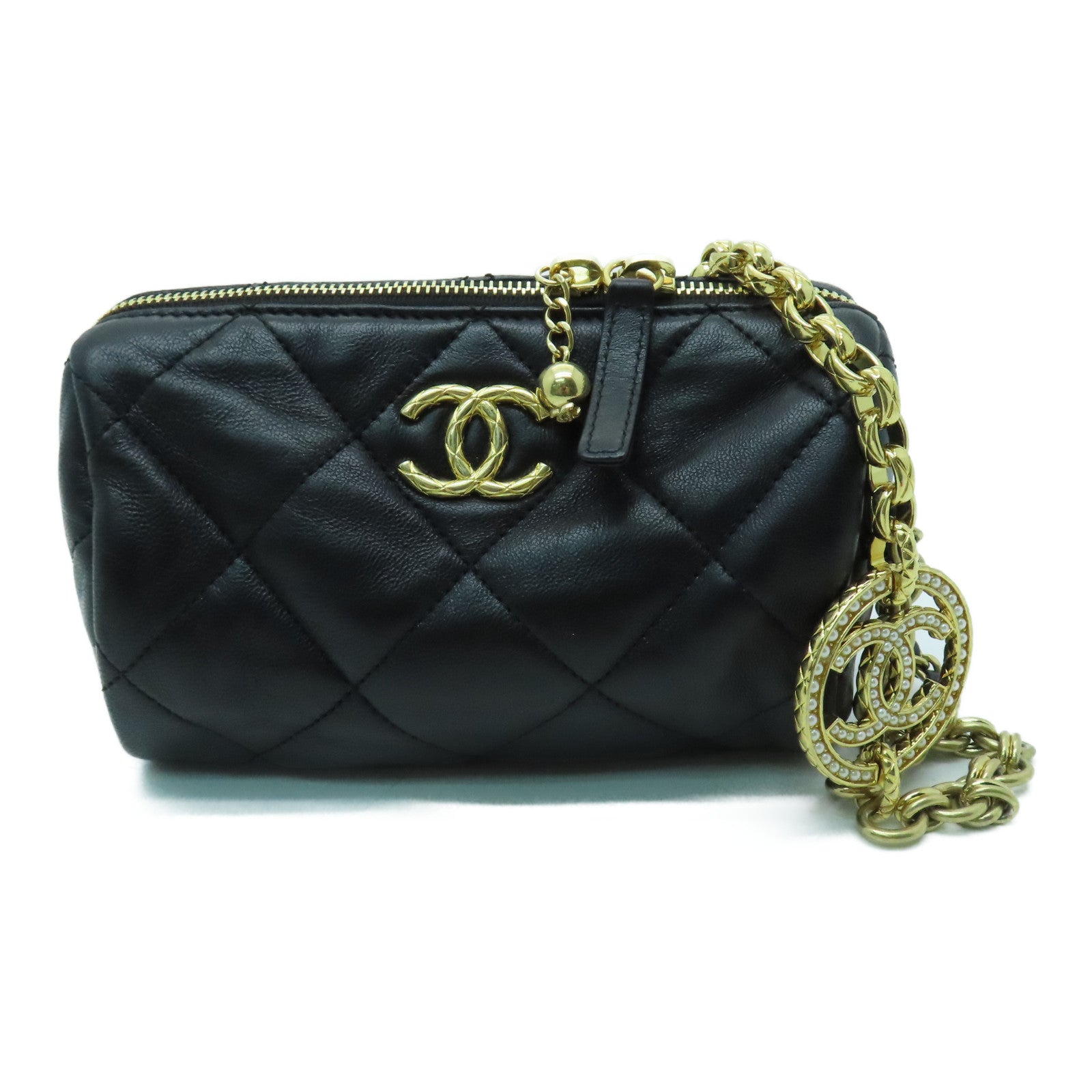 CHANEL 菱格牛皮皮革Chain Shoulder金扣鏈帶肩背袋黑色
