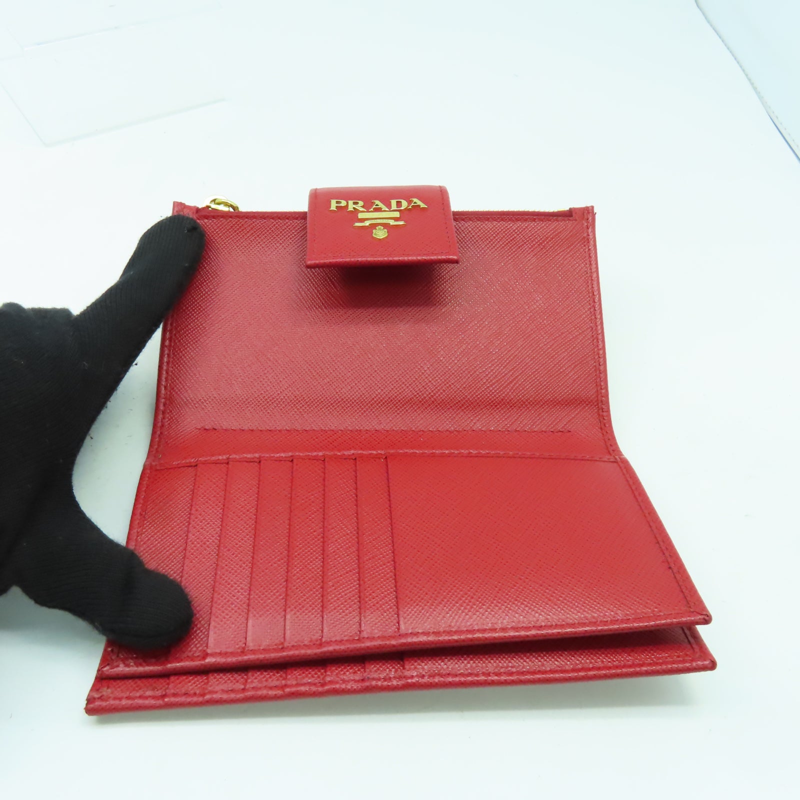 PRADA 【激減優惠】牛皮皮革Wallet金扣錢包紅色