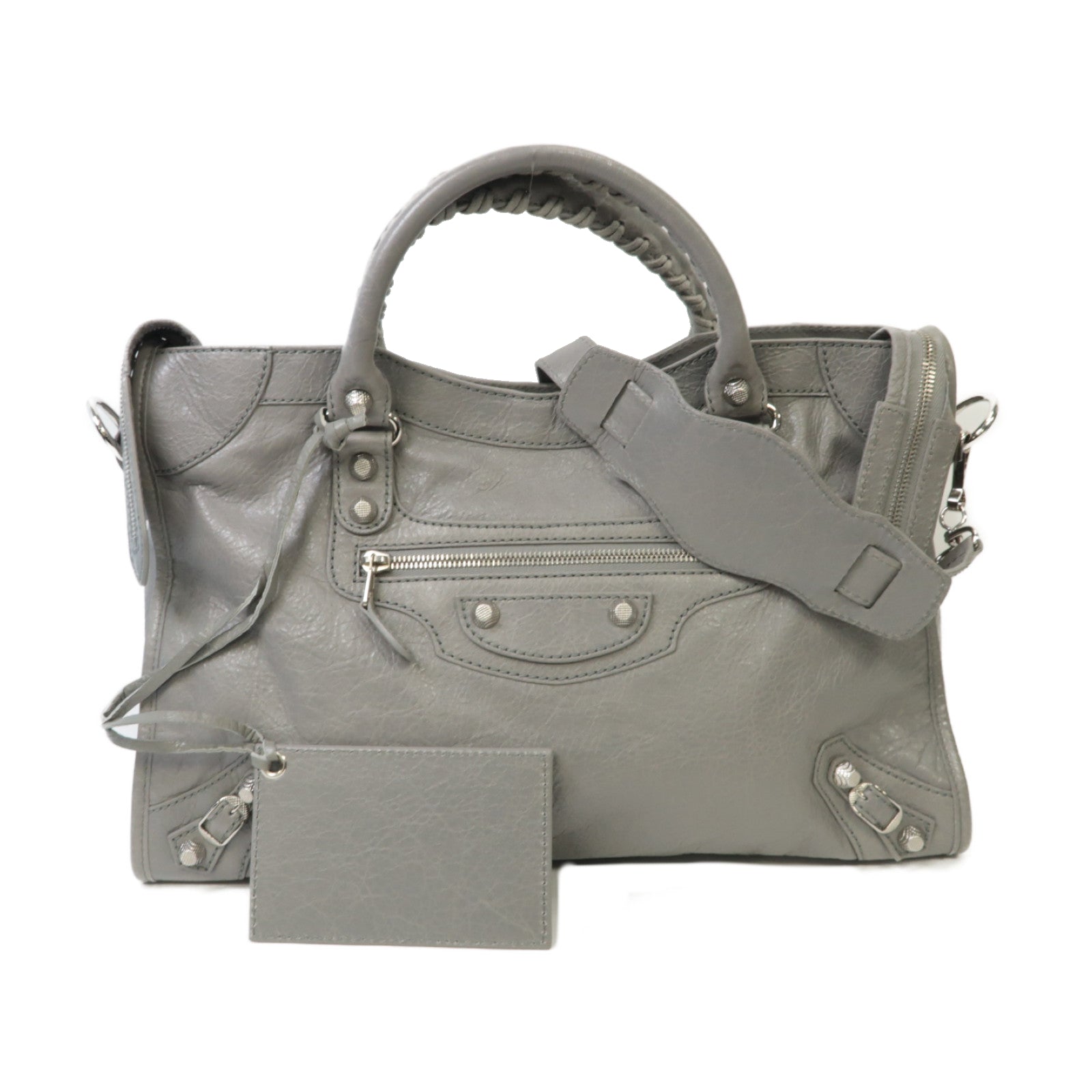 BALENCIAGA 牛皮皮革Giant City Bag銀扣手挽肩背兩用袋灰色
