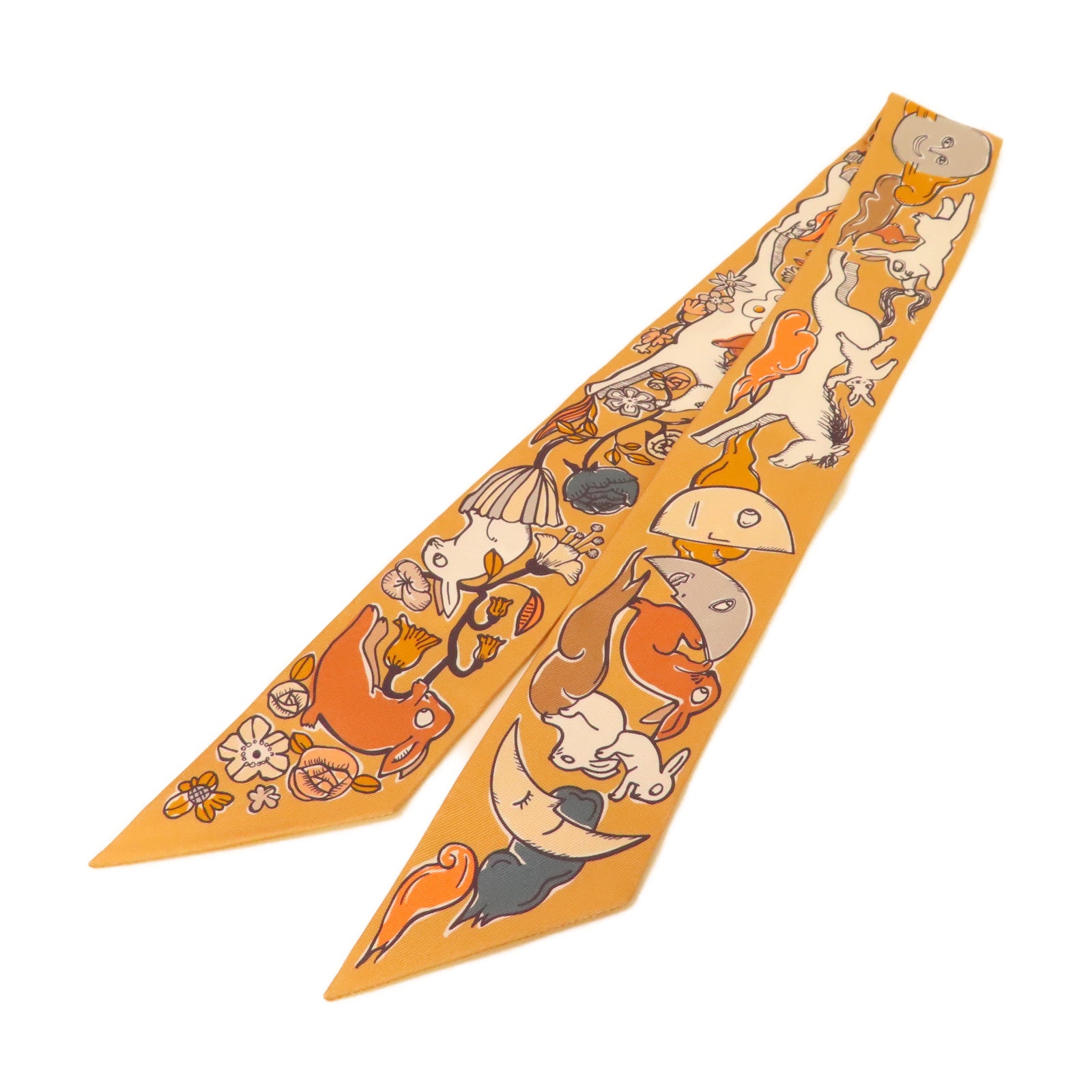 HERMES 絲質Twilly Scarf絲巾啡色/橙色/彩色