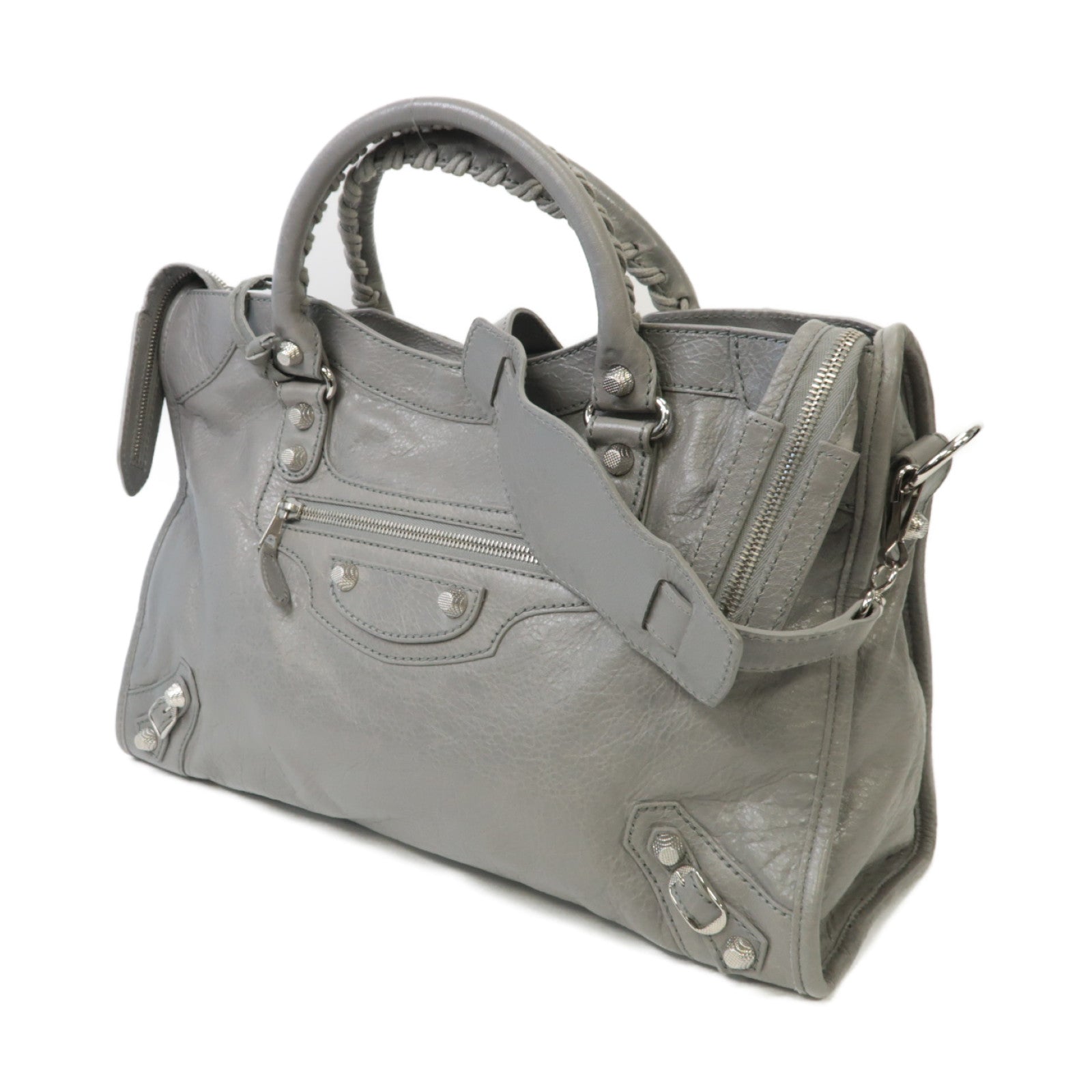 BALENCIAGA 牛皮皮革Giant City Bag銀扣手挽肩背兩用袋灰色
