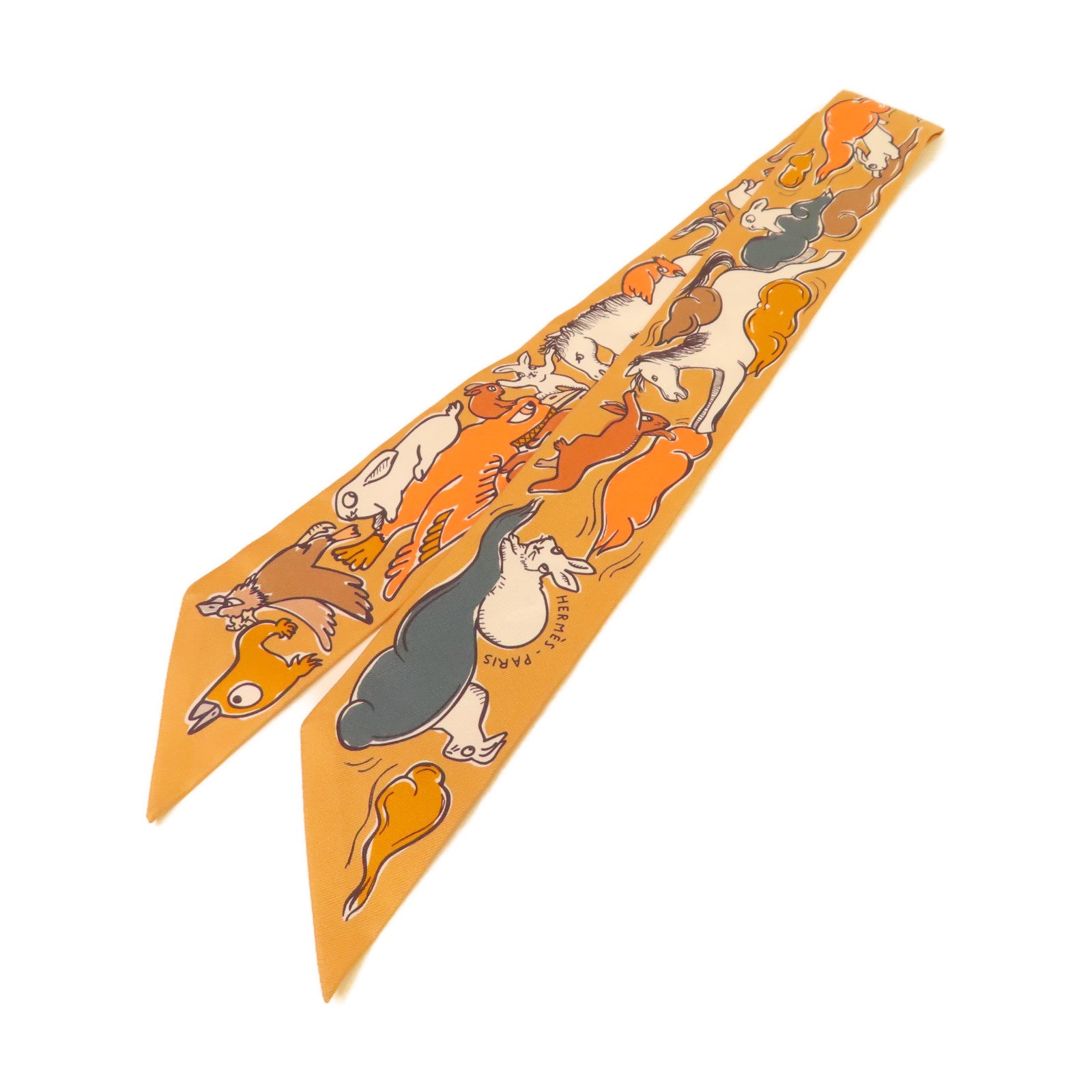 HERMES 絲質Twilly Scarf絲巾啡色/橙色/彩色