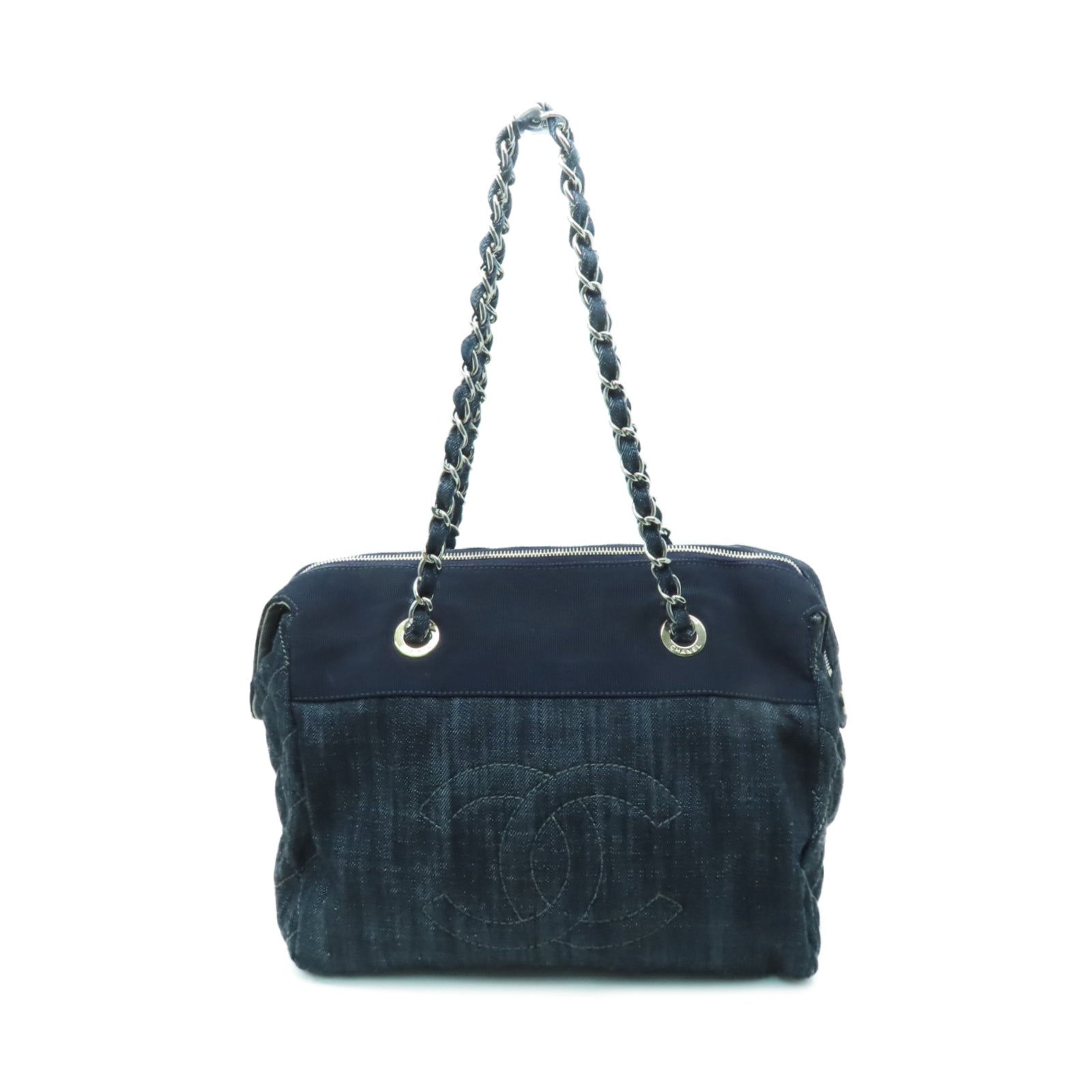 CHANEL 牛仔布Chain Shoulder Bag銀扣鏈帶肩背袋藍色