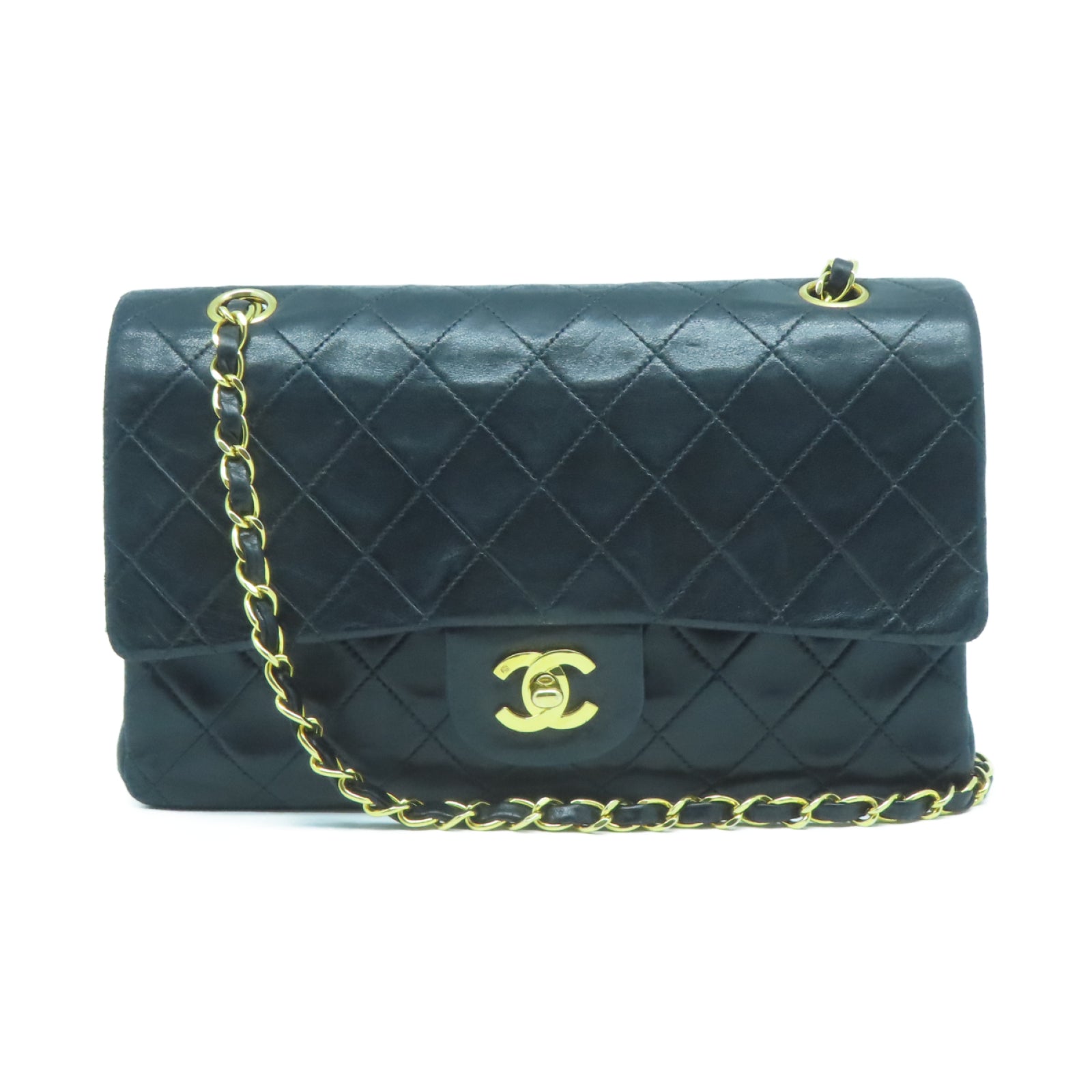 CHANEL 菱格羊皮皮革Classic 25cm金扣鏈帶肩背袋黑色