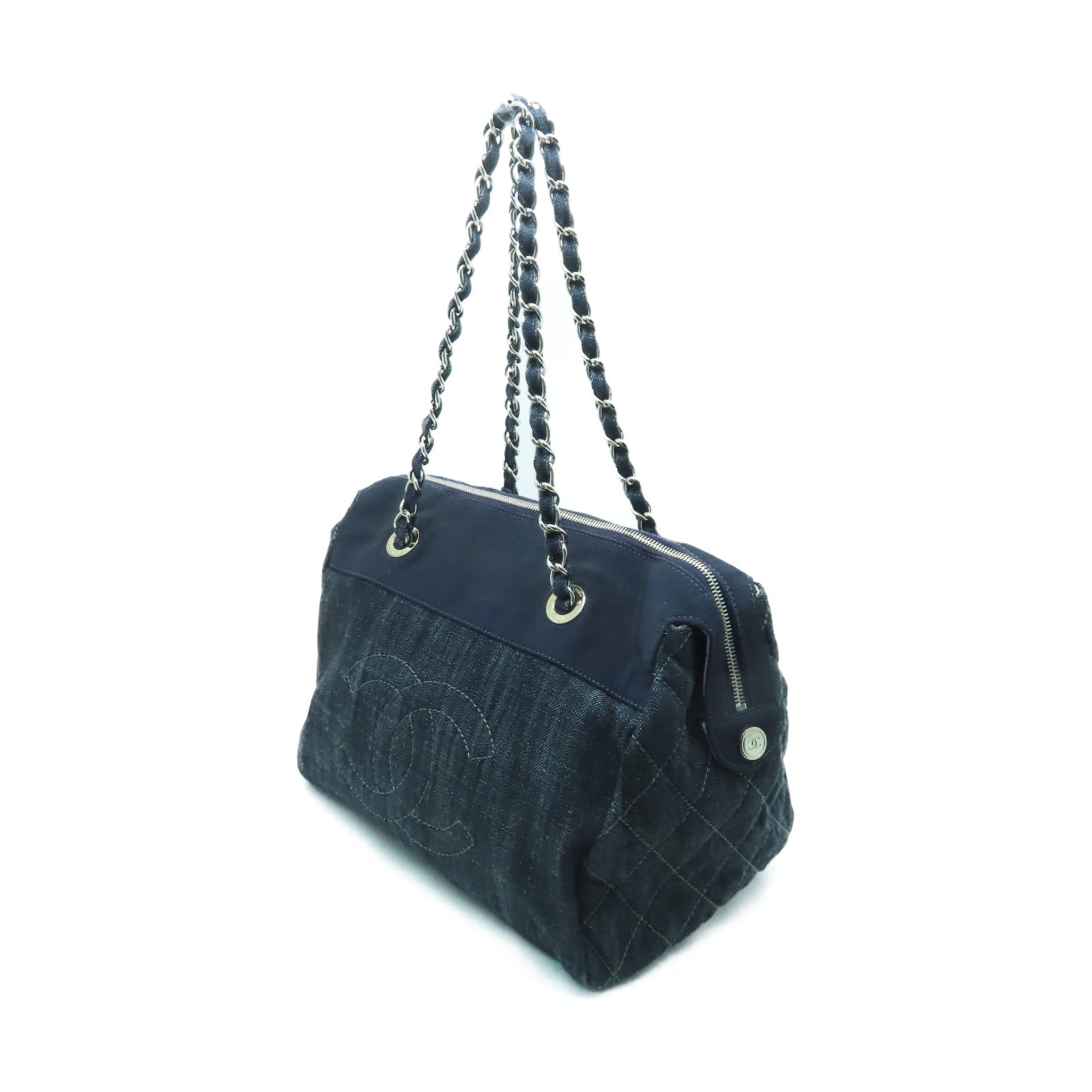 CHANEL 牛仔布Chain Shoulder Bag銀扣鏈帶肩背袋藍色