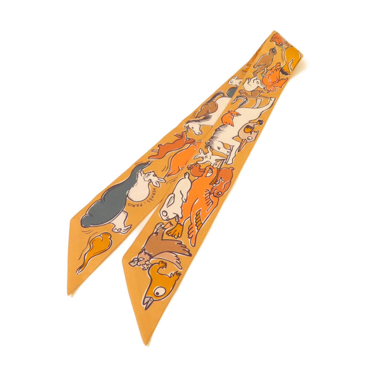 HERMES 絲質Twilly Scarf絲巾啡色/橙色/彩色