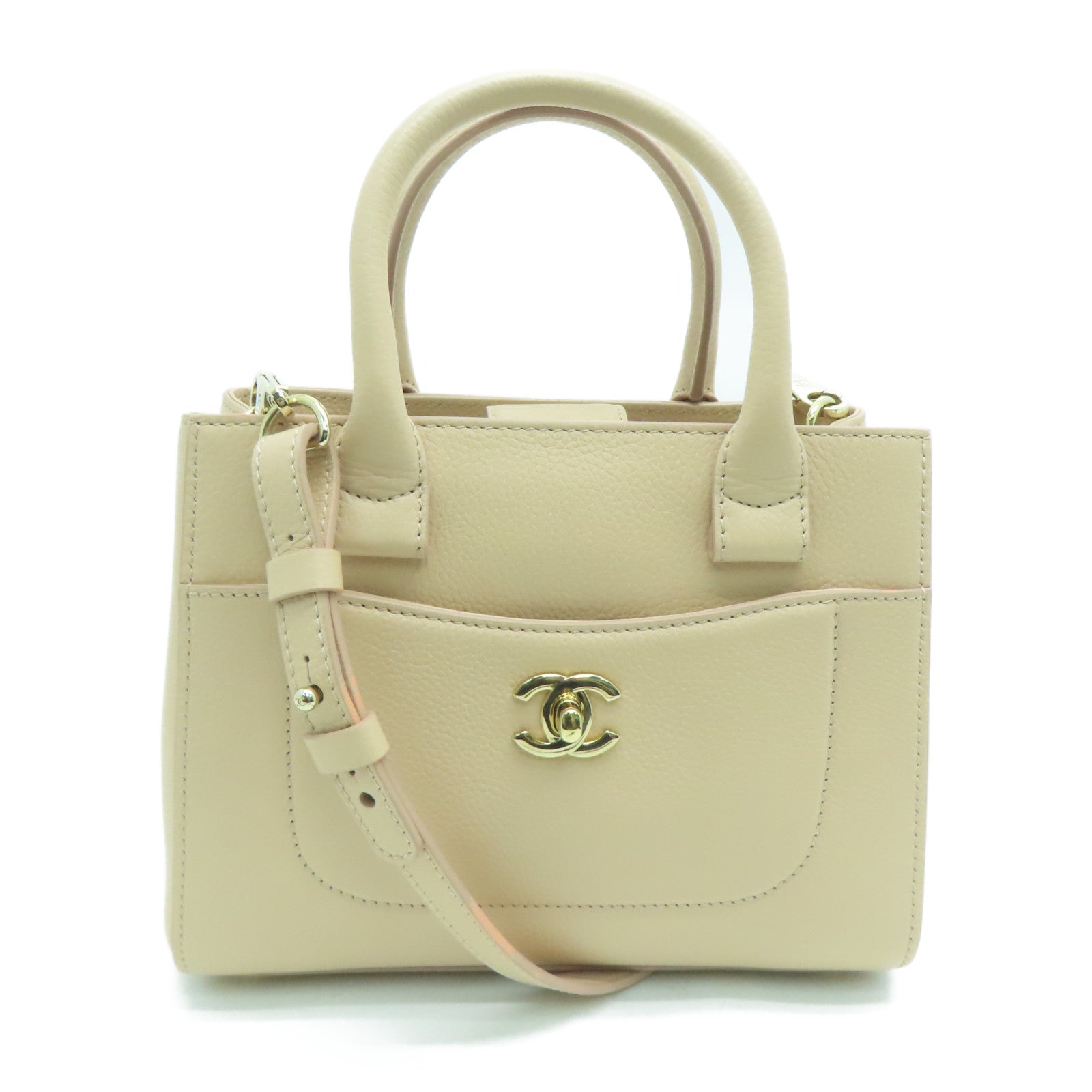 CHANEL Caviar皮革2Way Shoulder金扣手挽肩背两用袋米色い