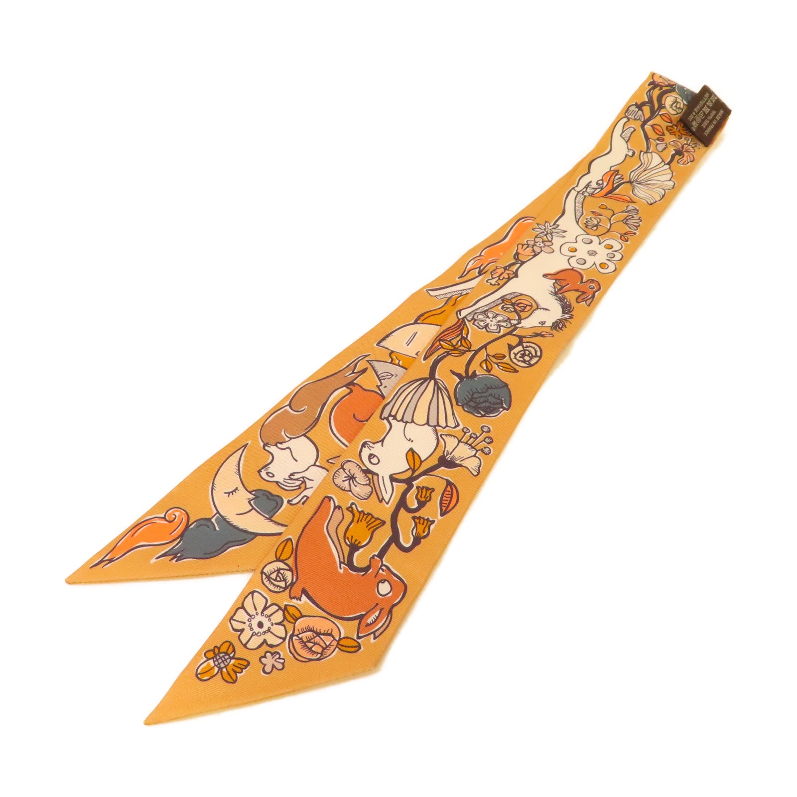 HERMES 絲質Twilly Scarf絲巾啡色/橙色/彩色