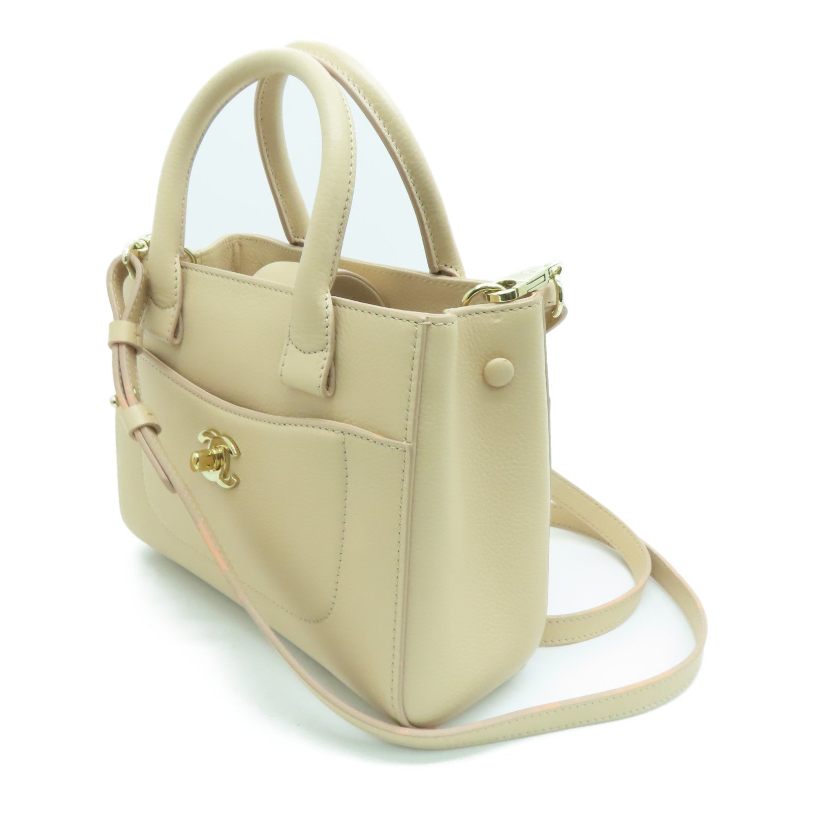 CHANEL Caviar皮革2Way Shoulder金扣手挽肩背两用袋米色い