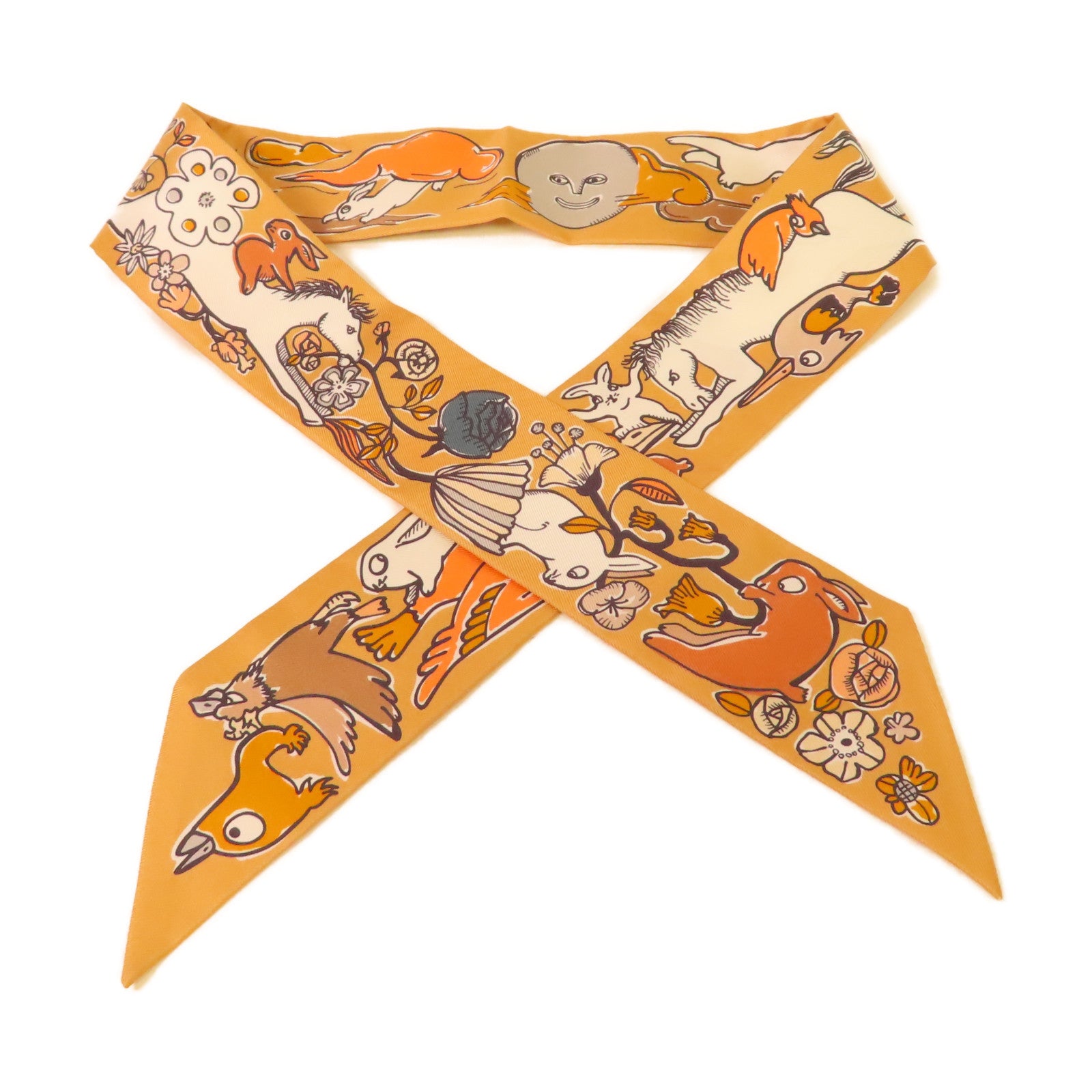 HERMES 絲質Twilly Scarf絲巾啡色/橙色/彩色
