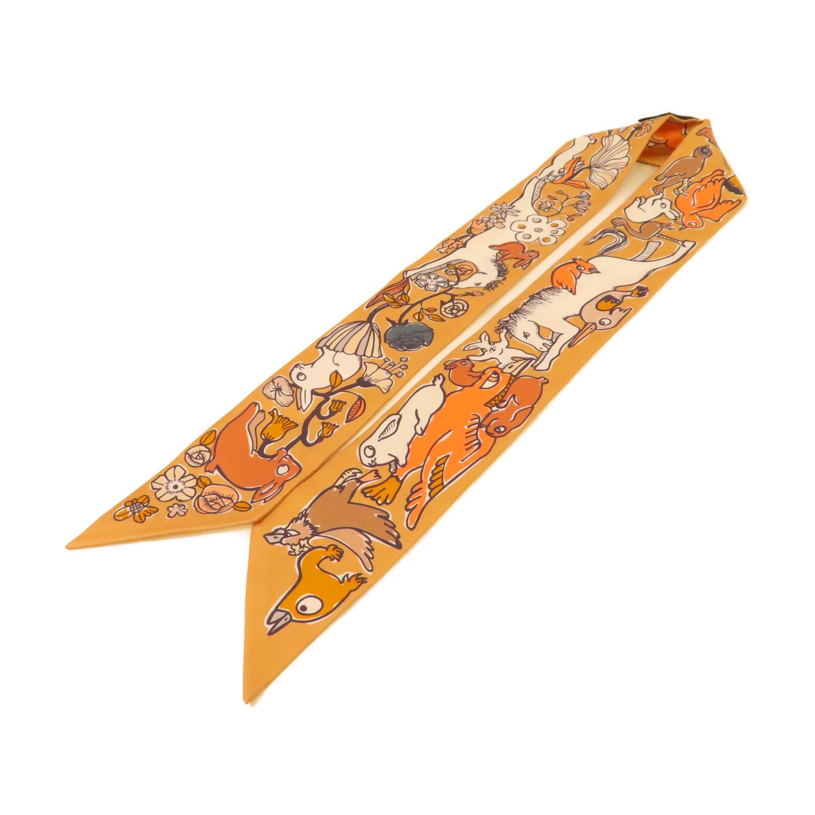 HERMES 絲質Twilly Scarf絲巾啡色/橙色/彩色