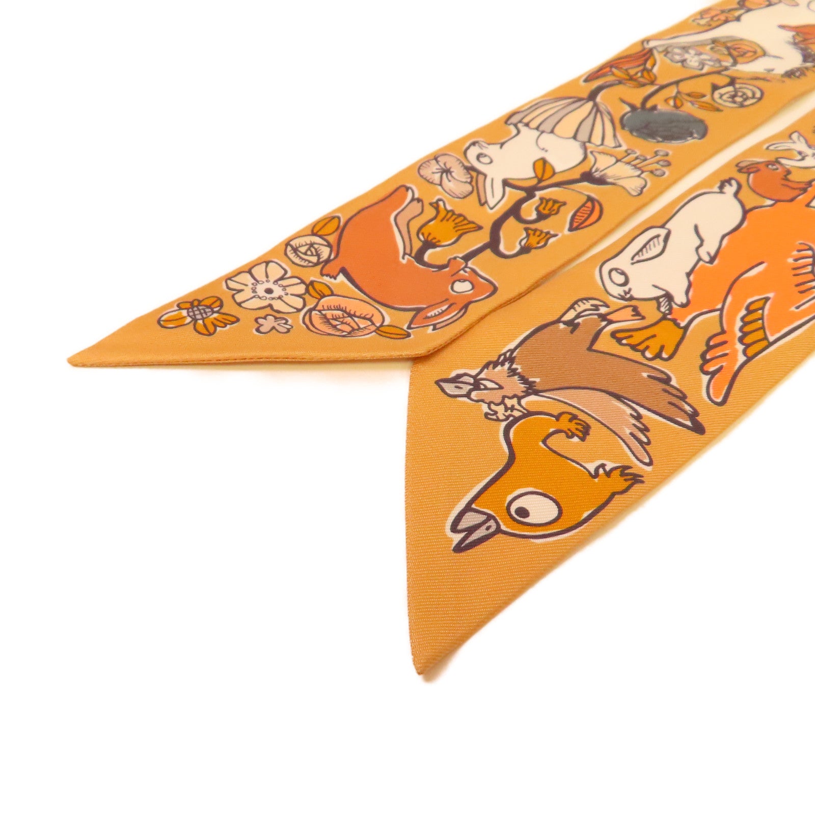 HERMES 絲質Twilly Scarf絲巾啡色/橙色/彩色