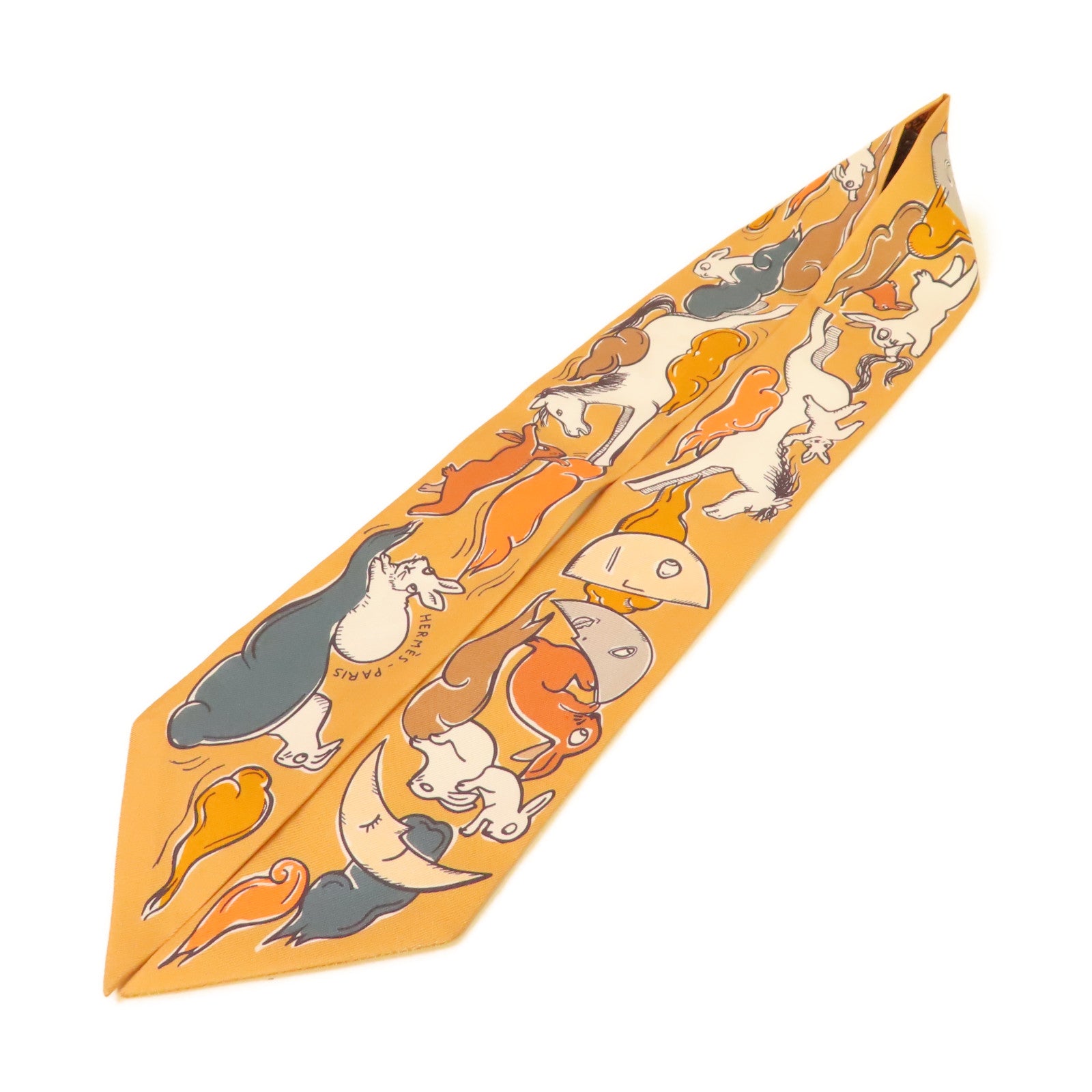 HERMES 絲質Twilly Scarf絲巾啡色/橙色/彩色