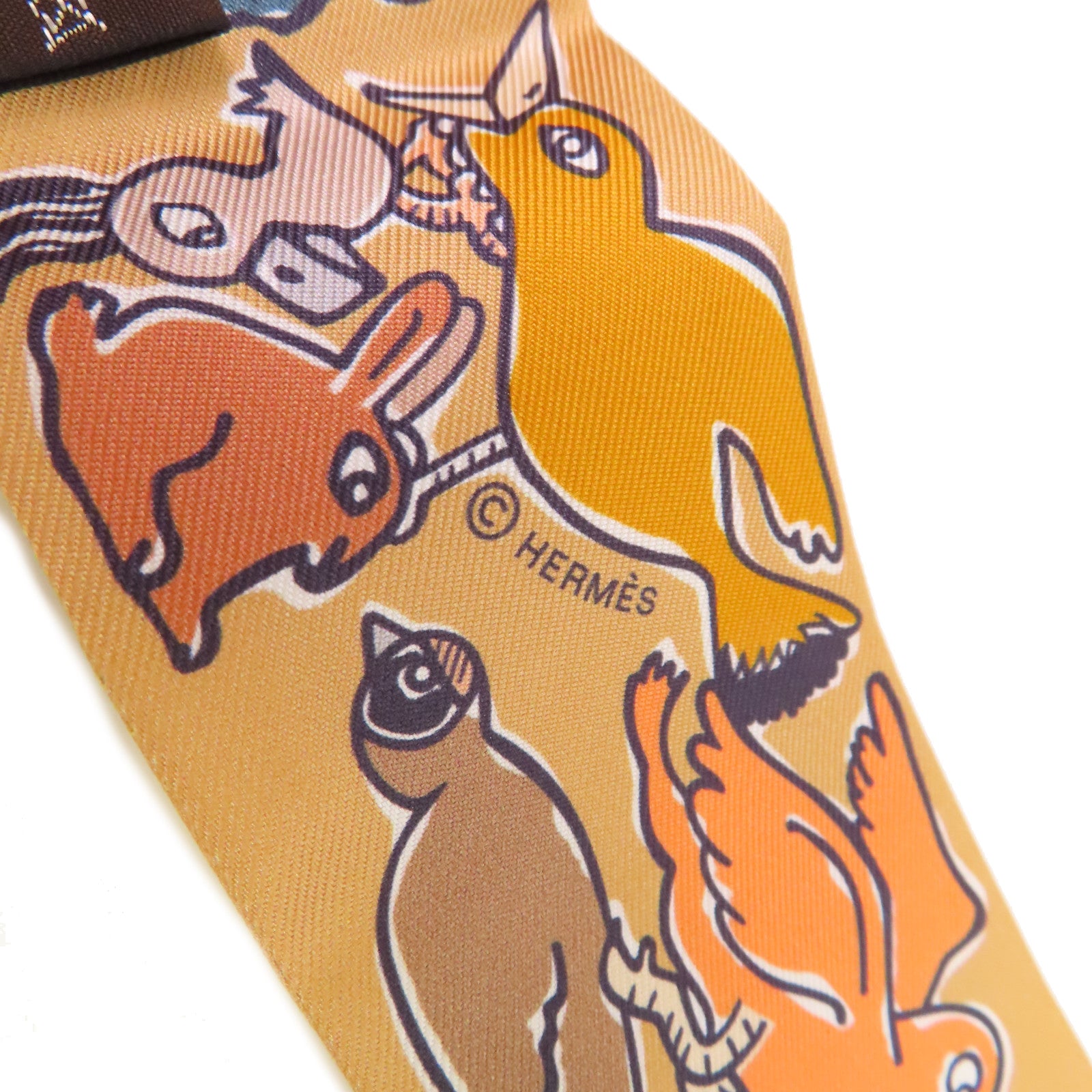 HERMES 絲質Twilly Scarf絲巾啡色/橙色/彩色