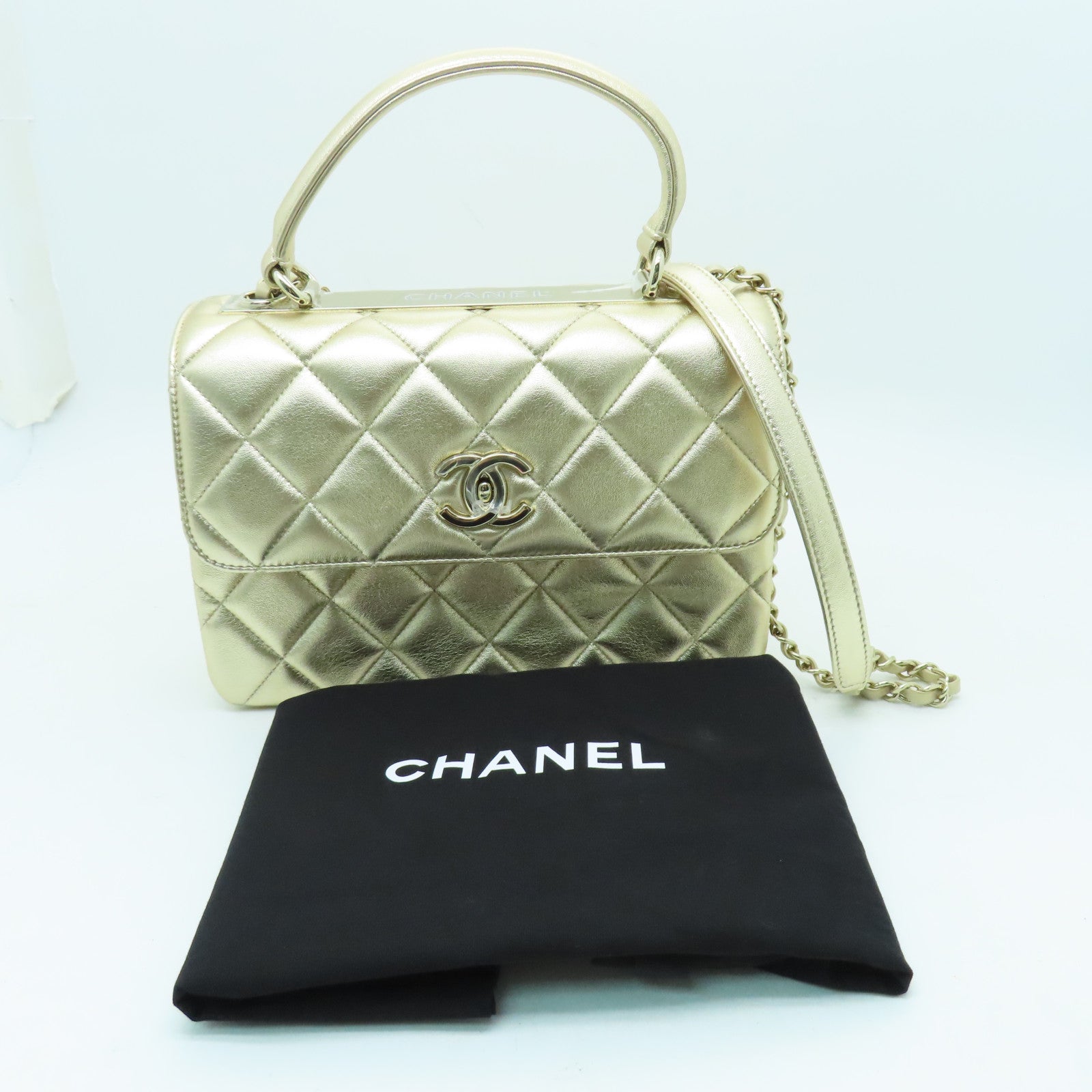 CHANEL 牛皮皮革Shoulder Bag金扣手挽肩背兩用袋金色
