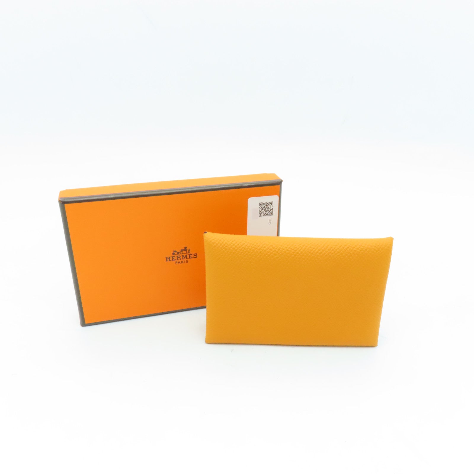 HERMES Veau Epsom Leather Calvi Silver Buckle Card Holder Orange