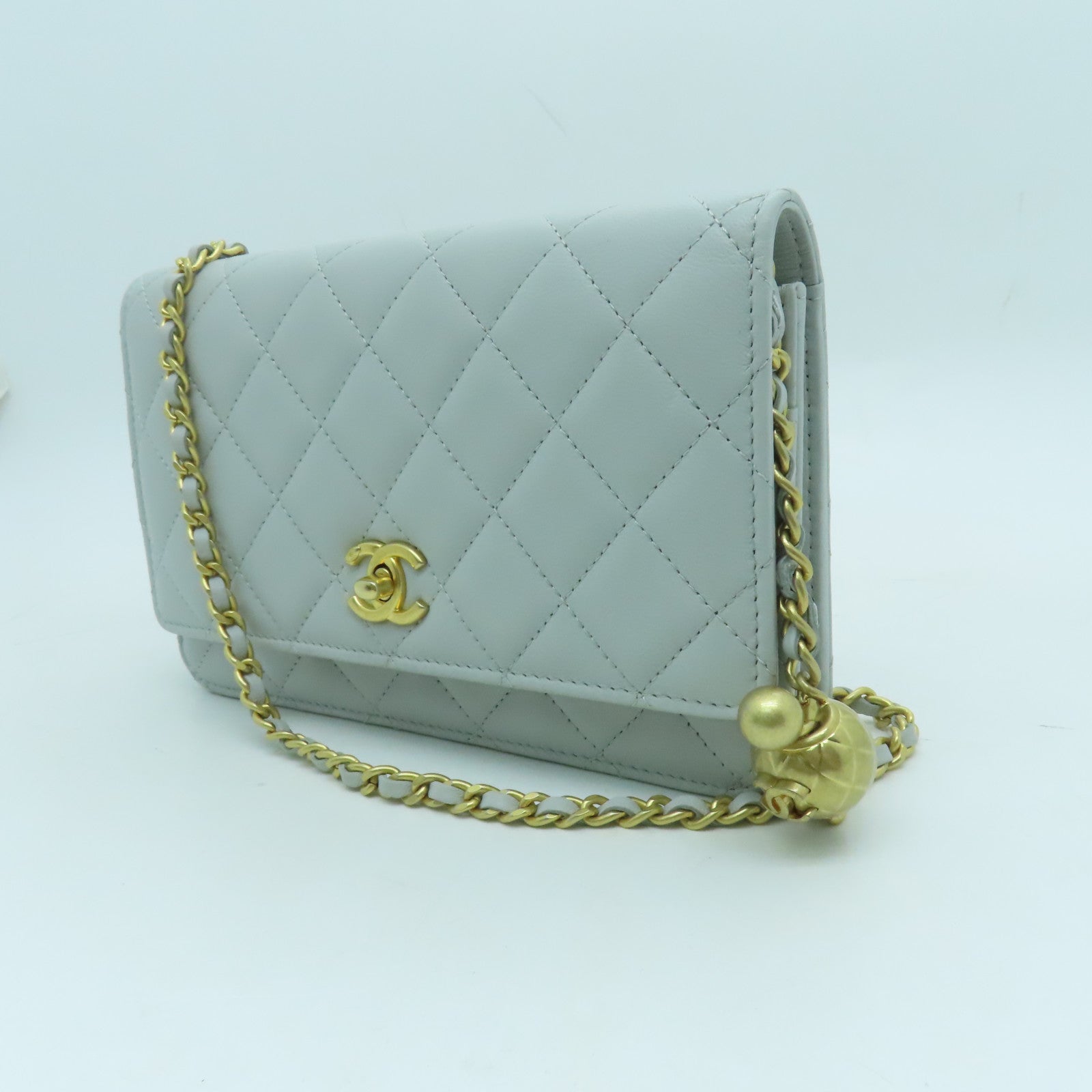 CHANEL rhombus sheepskin leather Woc gold buckle strap shoulder bag light green