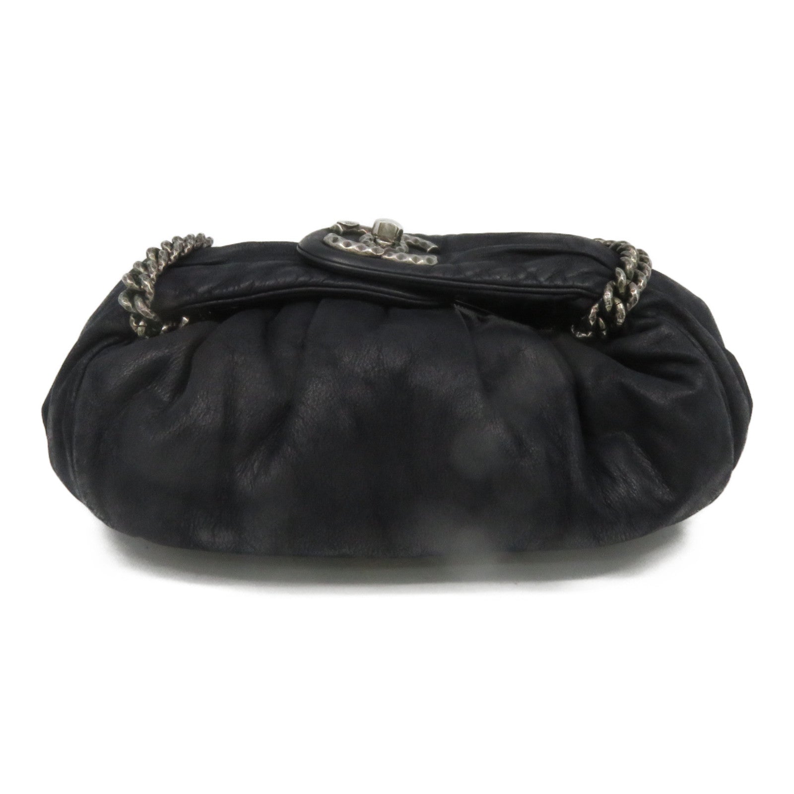 CHANEL [Sharp Reduction Offer] Cowhide Leather Hand Bag Silver Buckle Hand Bag Black