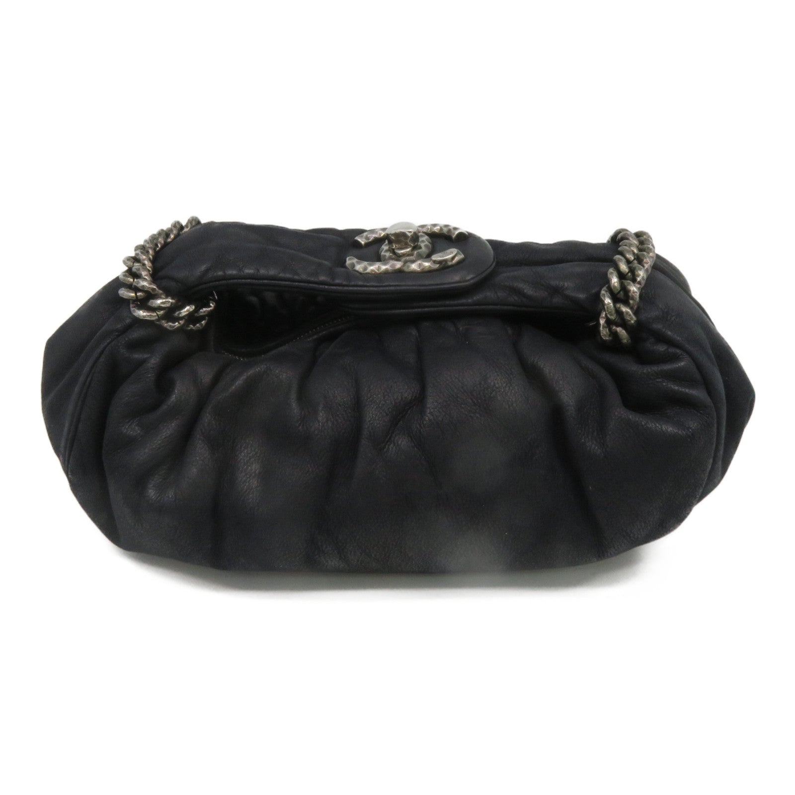 CHANEL [Sharp Reduction Offer] Cowhide Leather Hand Bag Silver Buckle Hand Bag Black