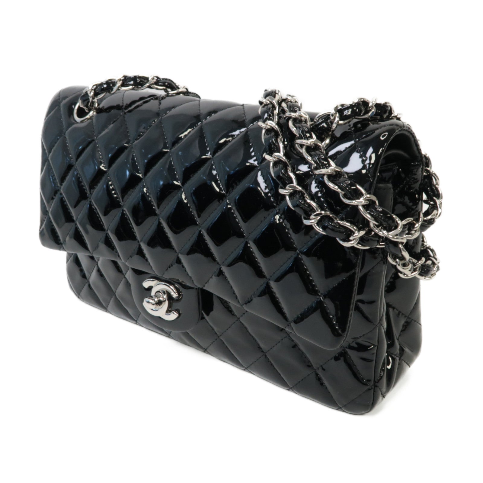CHANEL 菱格漆皮皮革Classic 25銀扣黒色